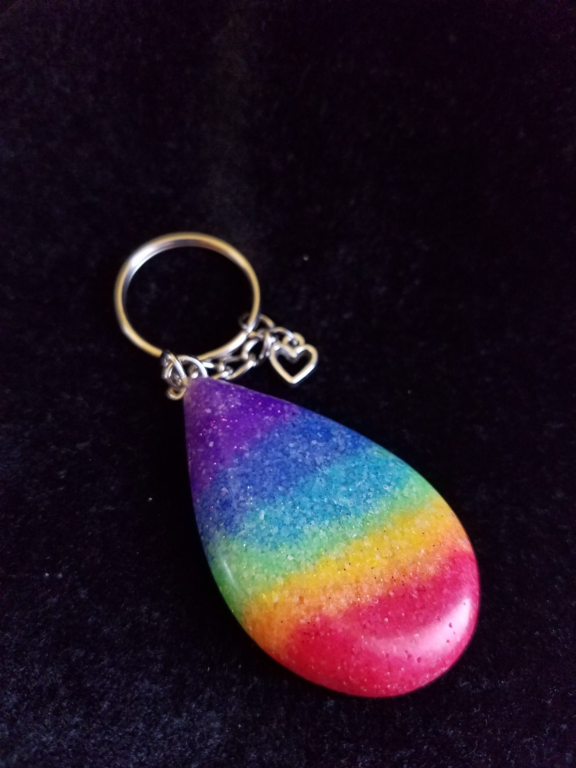 Silver Keychain with Glittery Rainbow Sand & Epoxy Teardrop & Silver Heart Charm