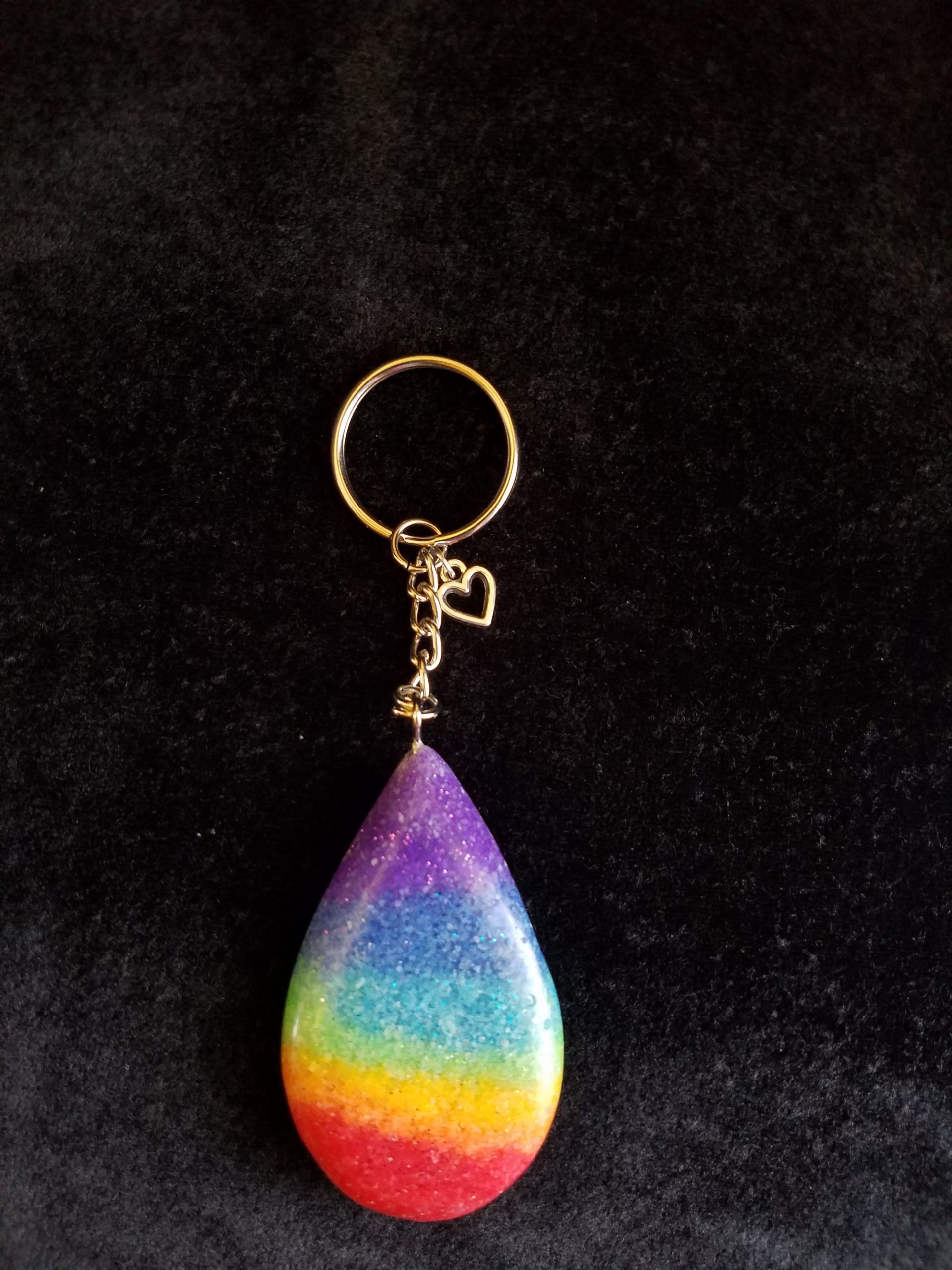 Silver Keychain with Glittery Rainbow Sand & Epoxy Teardrop & Silver Heart Charm