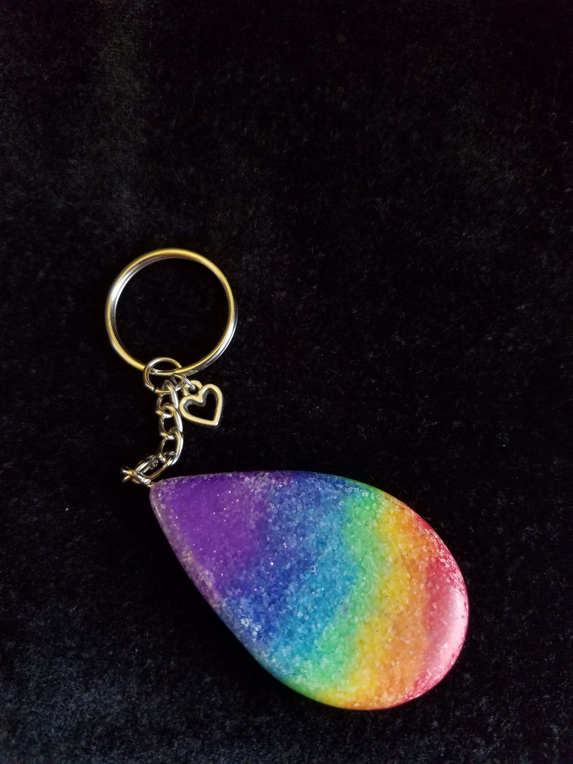 Silver Keychain with Glittery Rainbow Sand & Epoxy Teardrop & Silver Heart Charm