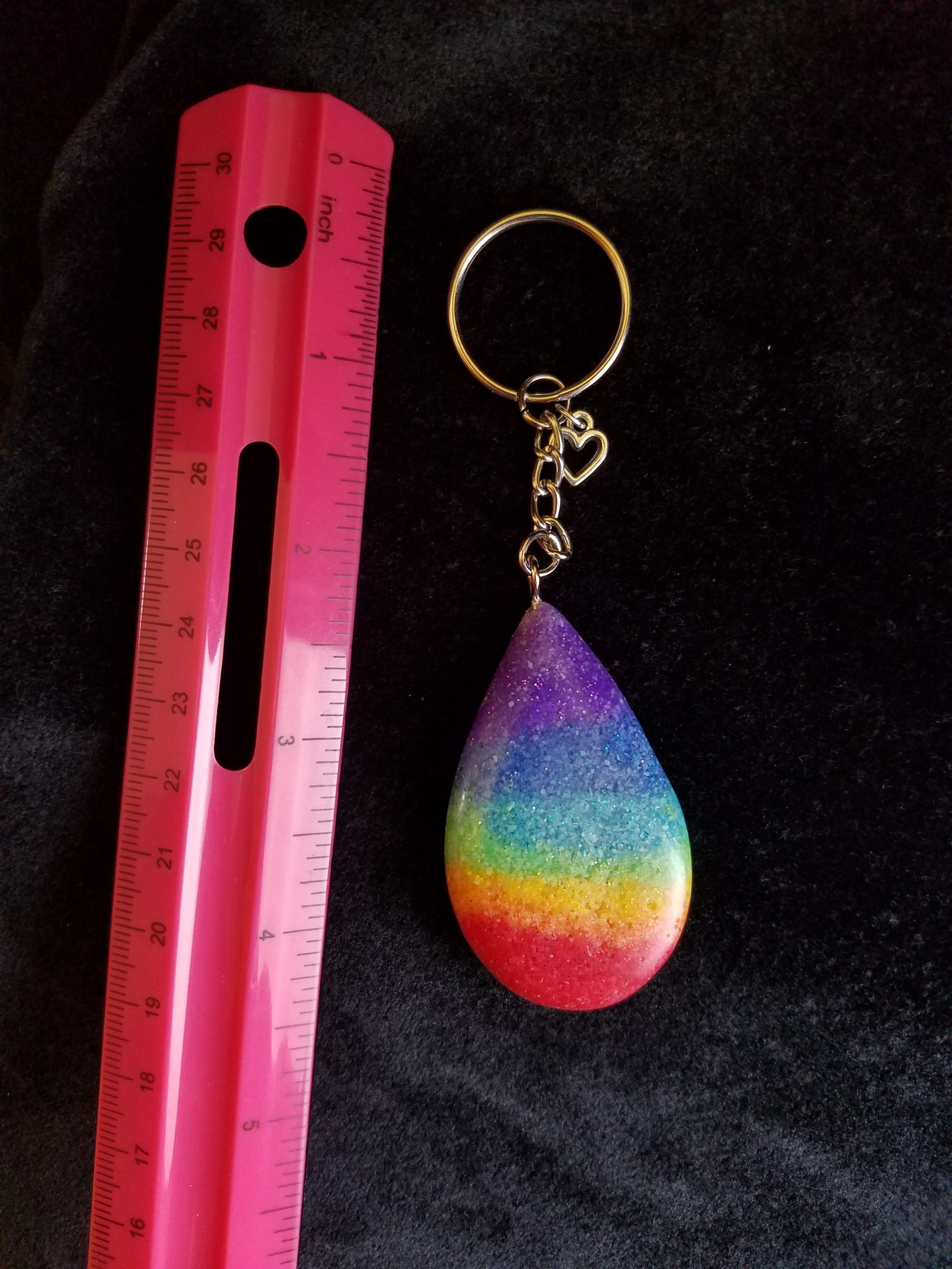 Silver Keychain with Glittery Rainbow Sand & Epoxy Teardrop & Silver Heart Charm
