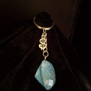 Blue Shimmer Epoxy Diamond Keychain with Silver Money Symbol Charm