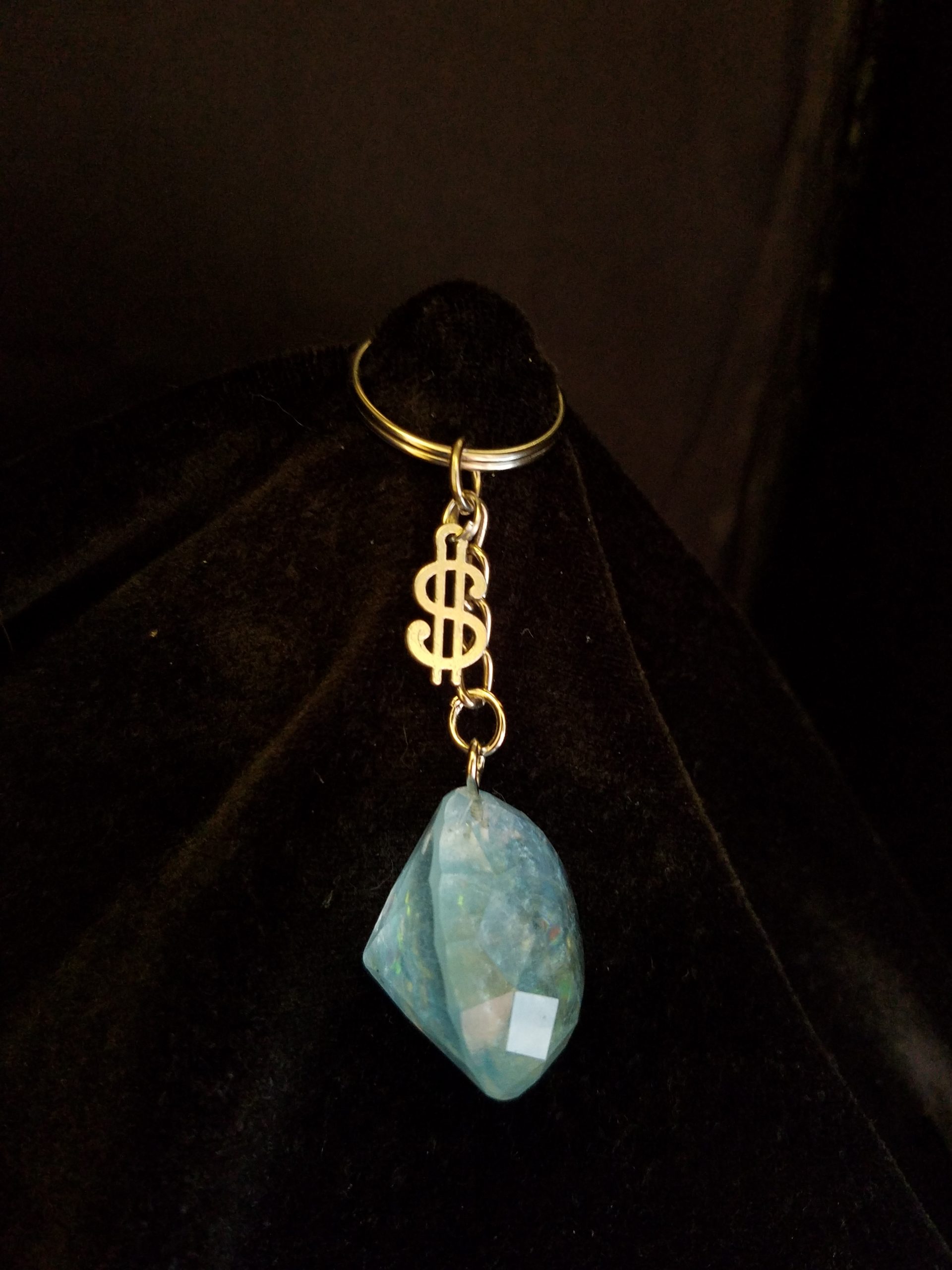 Blue Shimmer Epoxy Diamond Keychain with Silver Money Symbol Charm