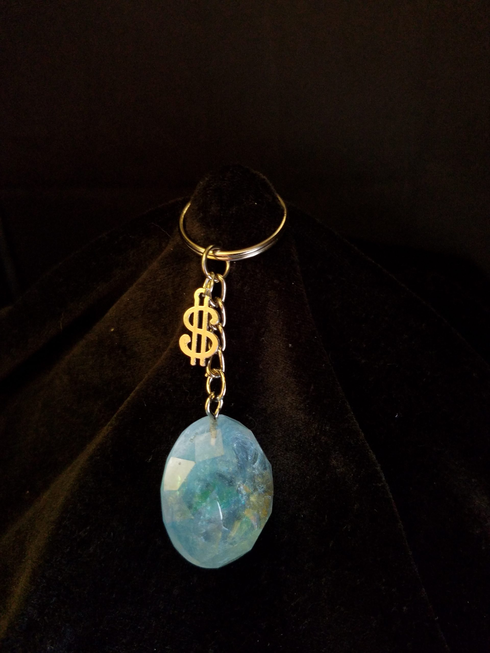 Blue Shimmer Epoxy Diamond Keychain with Silver Money Symbol Charm
