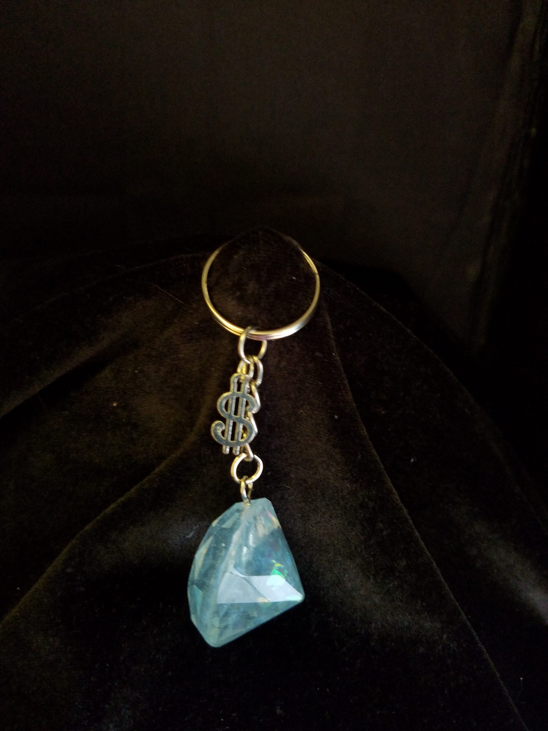 Blue Shimmer Epoxy Diamond Keychain with Silver Money Symbol Charm