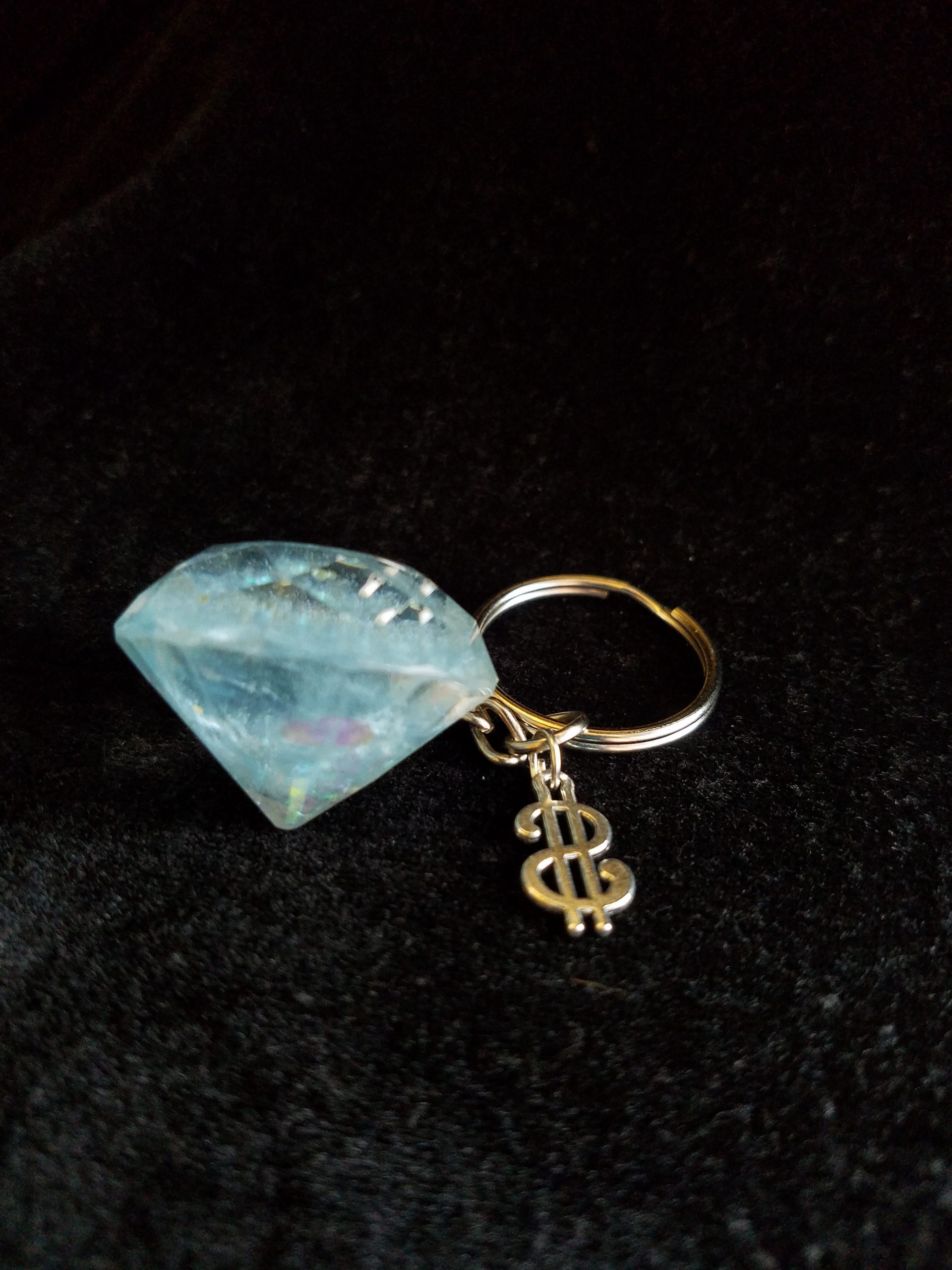 Blue Shimmer Epoxy Diamond Keychain with Silver Money Symbol Charm