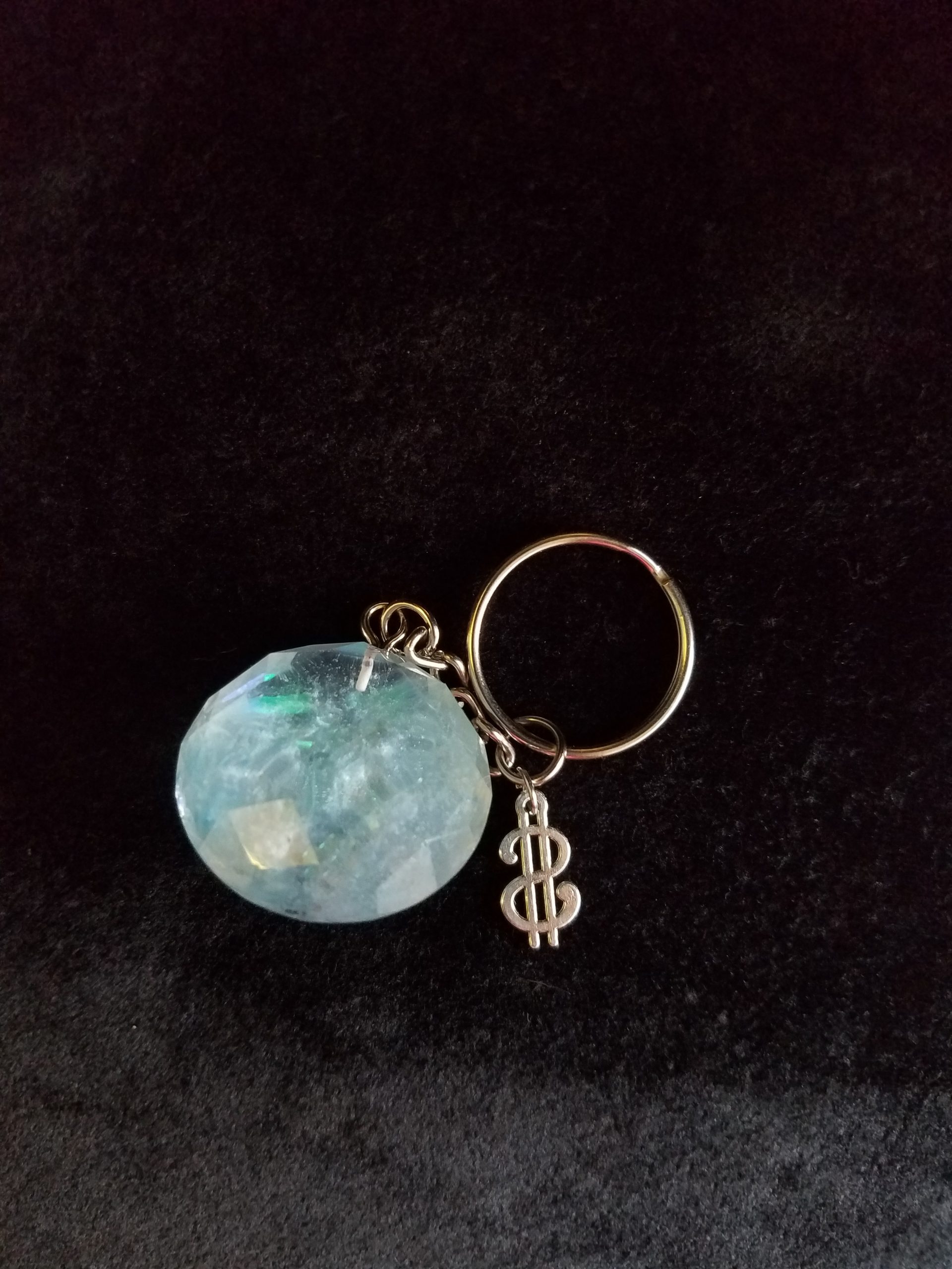 Blue Shimmer Epoxy Diamond Keychain with Silver Money Symbol Charm