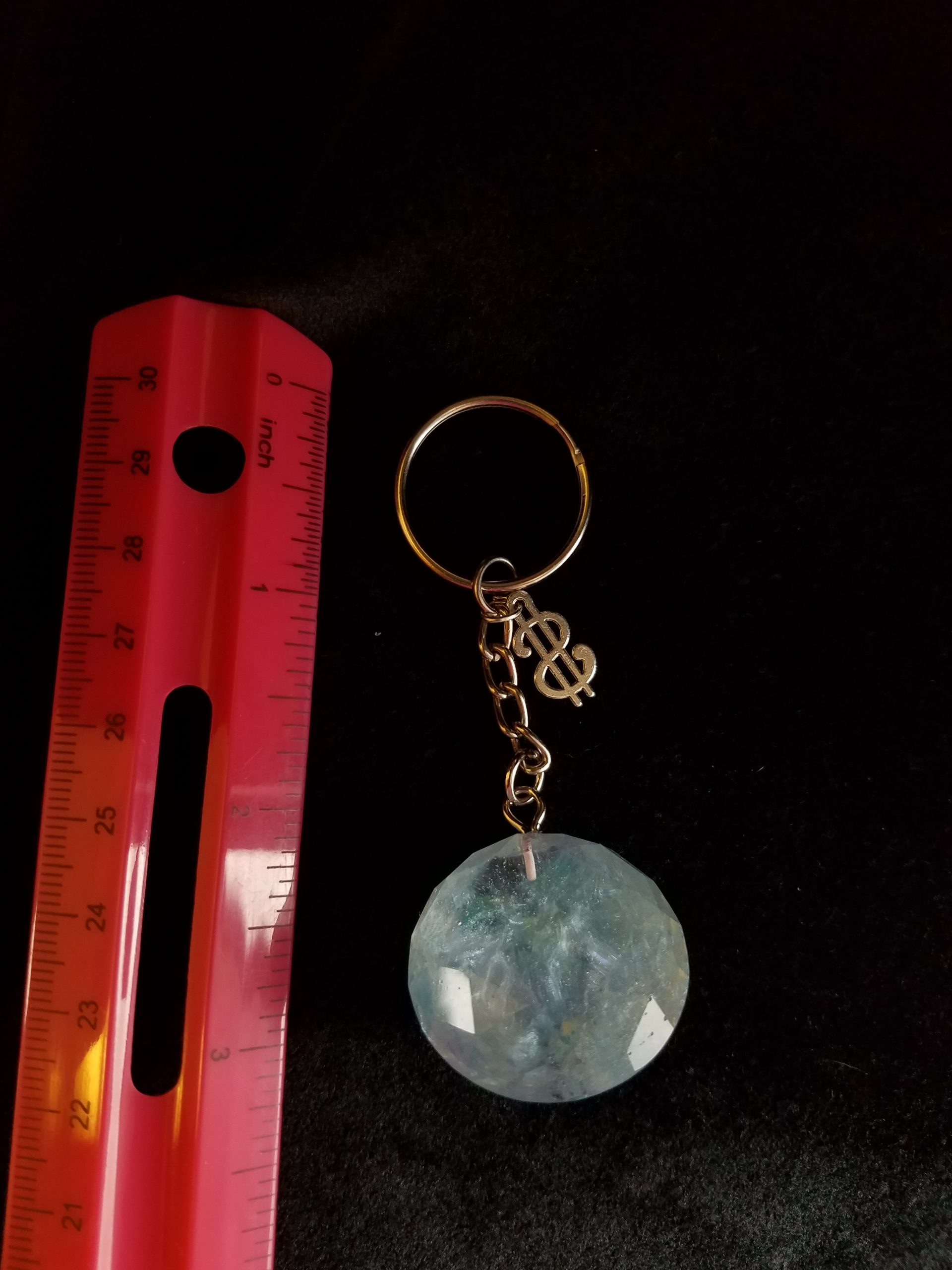 Blue Shimmer Epoxy Diamond Keychain with Silver Money Symbol Charm
