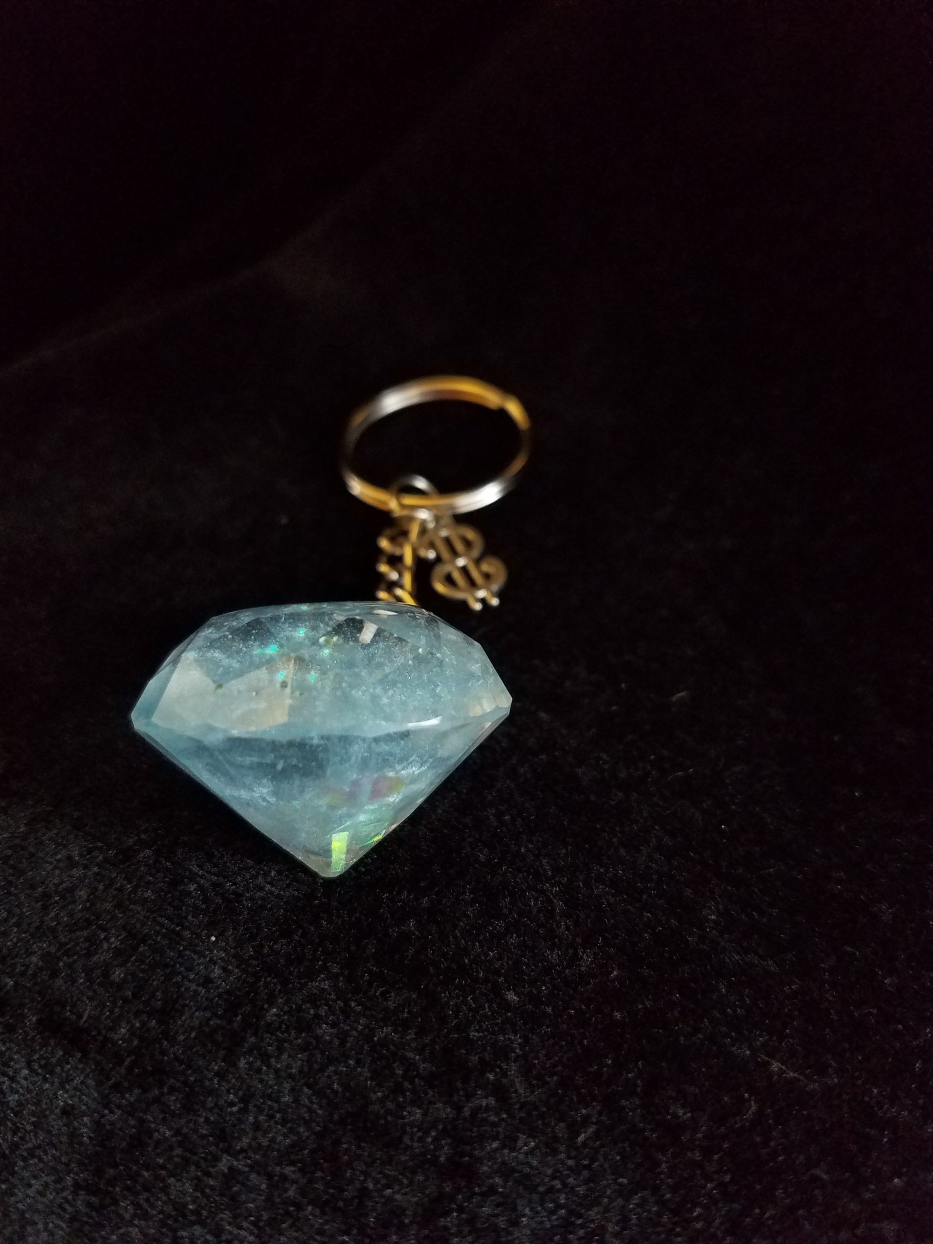 Blue Shimmer Epoxy Diamond Keychain with Silver Money Symbol Charm