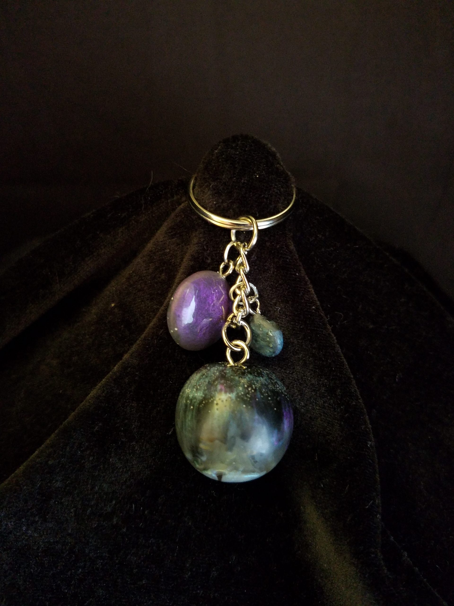 Abstract Blue Purple & Black Epoxy Sphere Keychain with Matching Charms