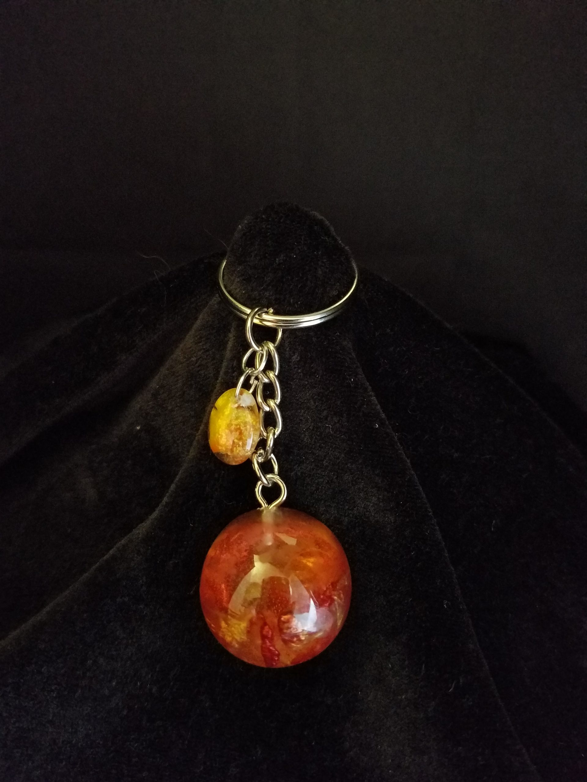 Abstract Metallic Red & Gold, Glittery Brown, Orange, Yellow & Clear Epoxy Partial Sphere Keychain