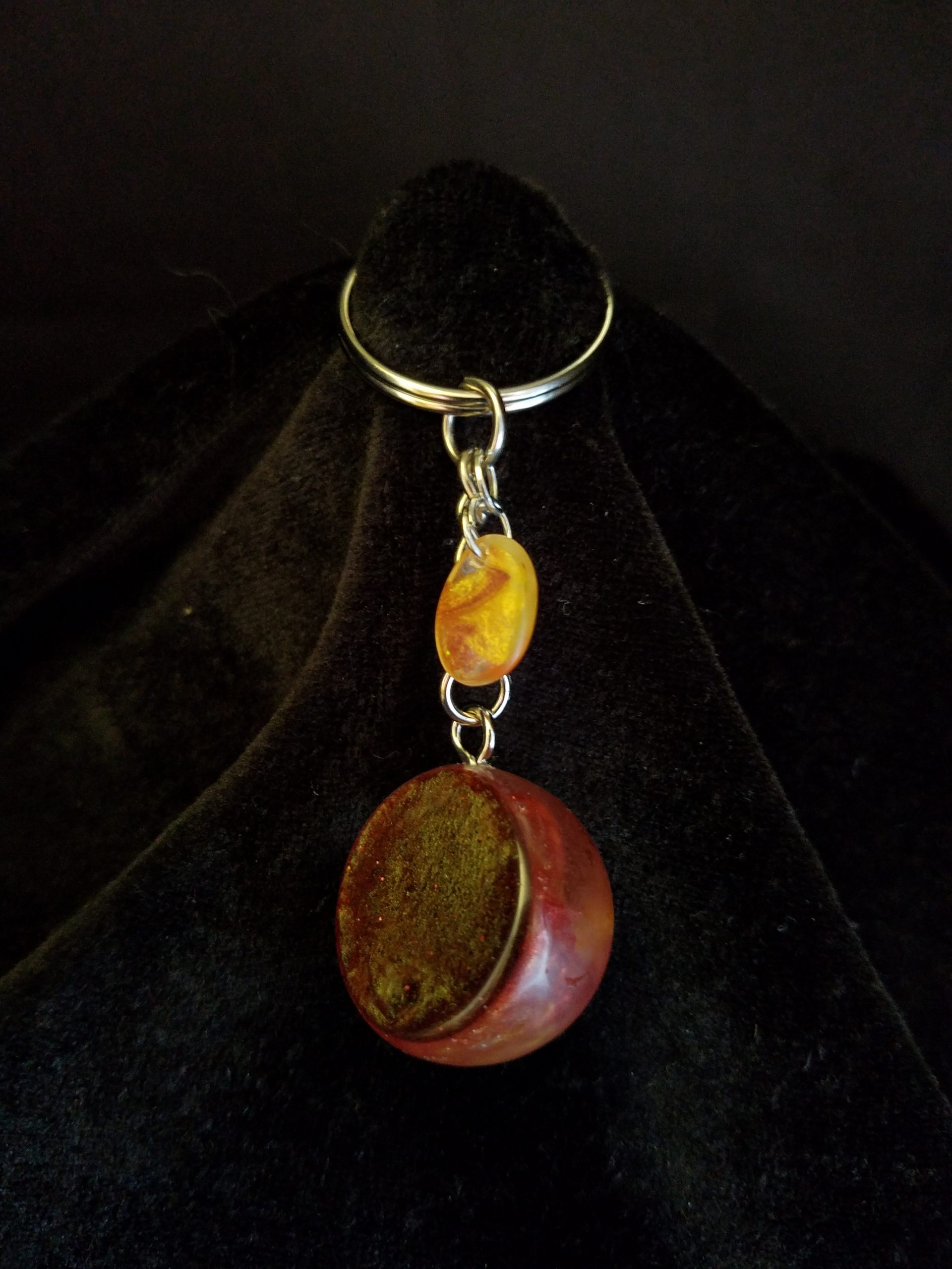 Abstract Metallic Red & Gold, Glittery Brown, Orange, Yellow & Clear Epoxy Partial Sphere Keychain