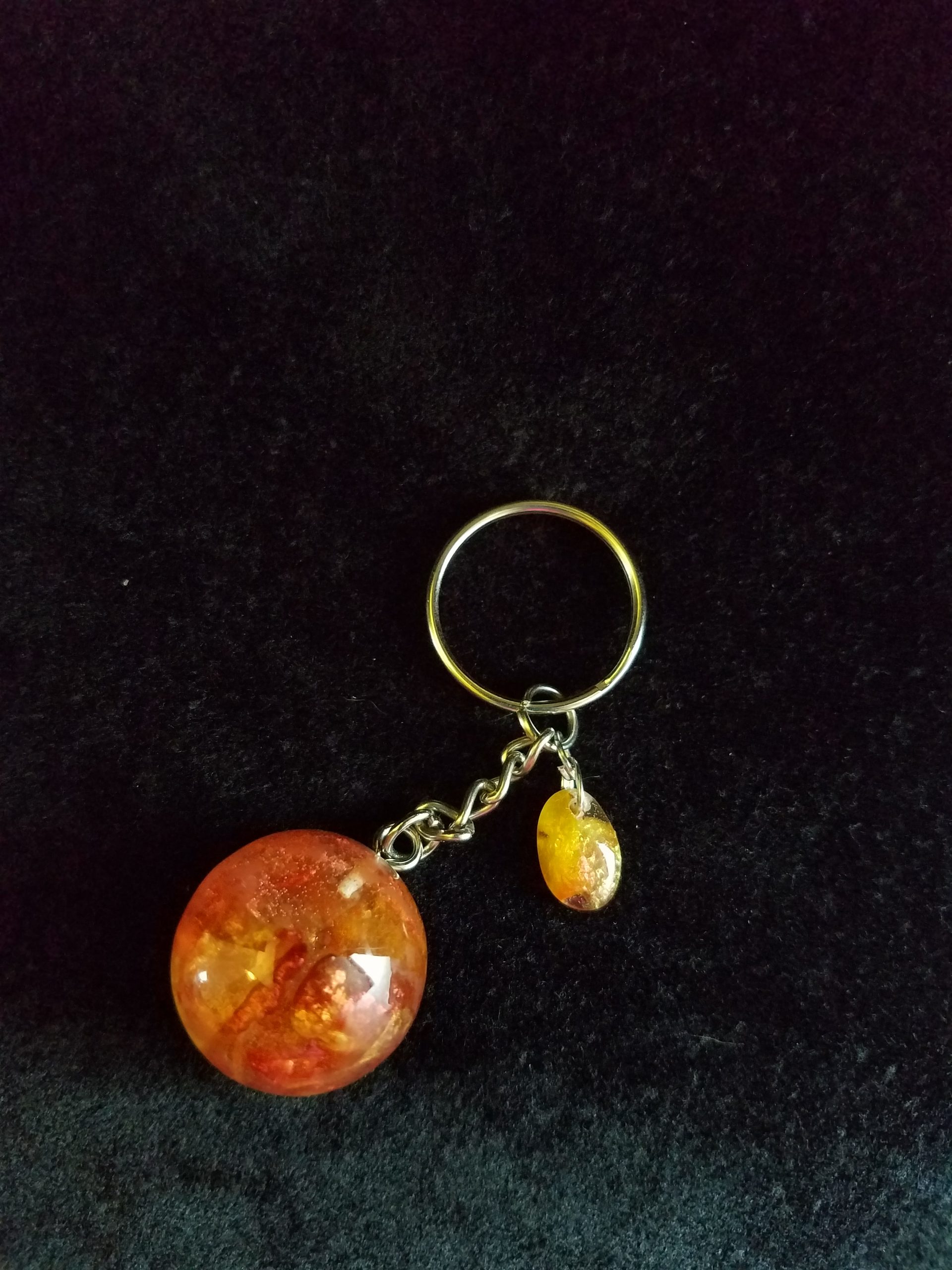 Abstract Metallic Red & Gold, Glittery Brown, Orange, Yellow & Clear Epoxy Partial Sphere Keychain