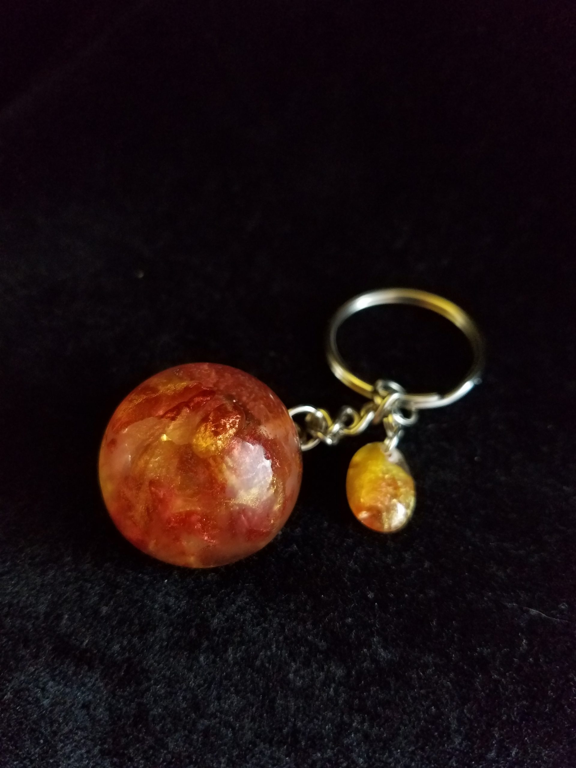 Abstract Metallic Red & Gold, Glittery Brown, Orange, Yellow & Clear Epoxy Partial Sphere Keychain