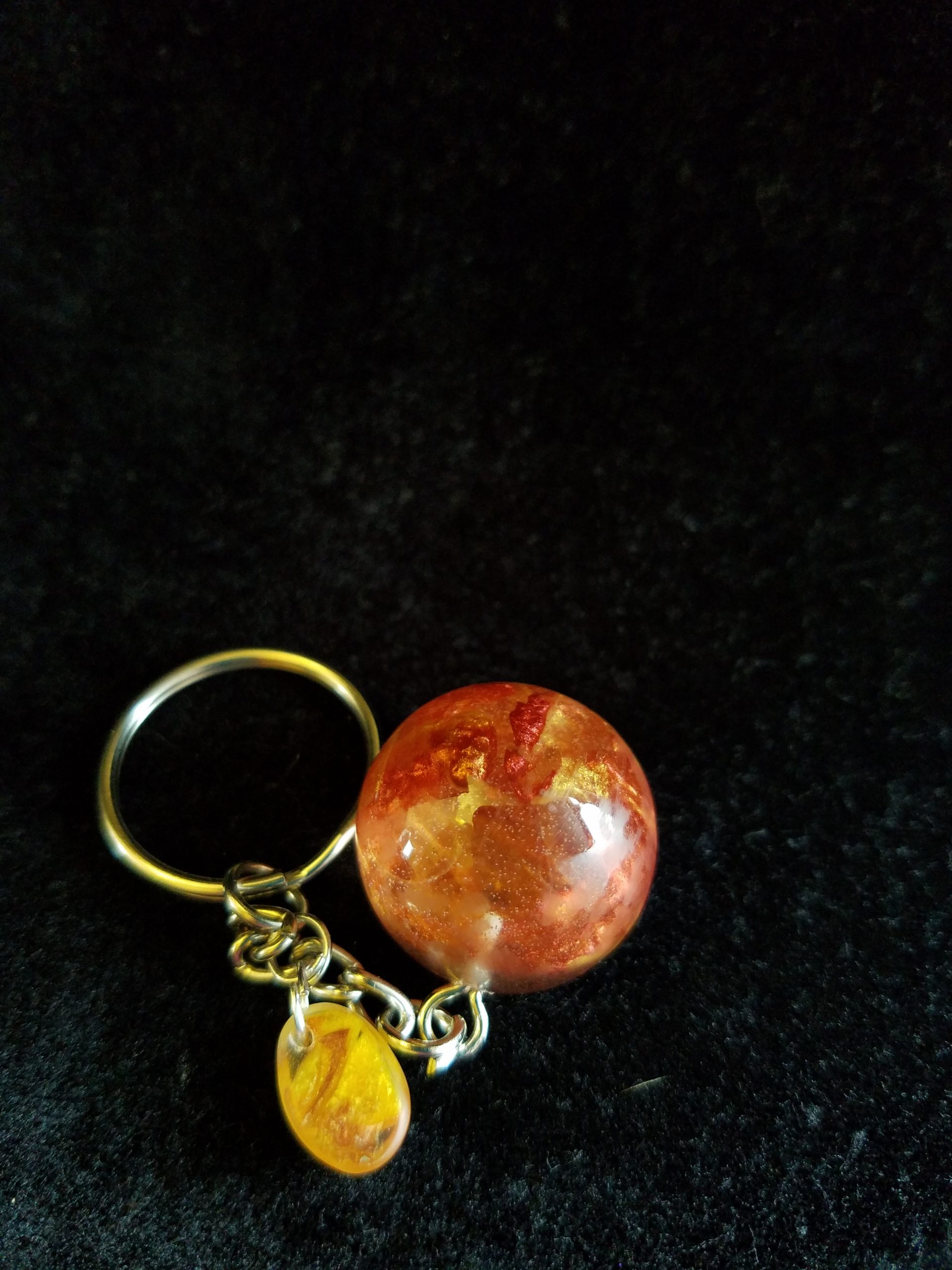 Abstract Metallic Red & Gold, Glittery Brown, Orange, Yellow & Clear Epoxy Partial Sphere Keychain