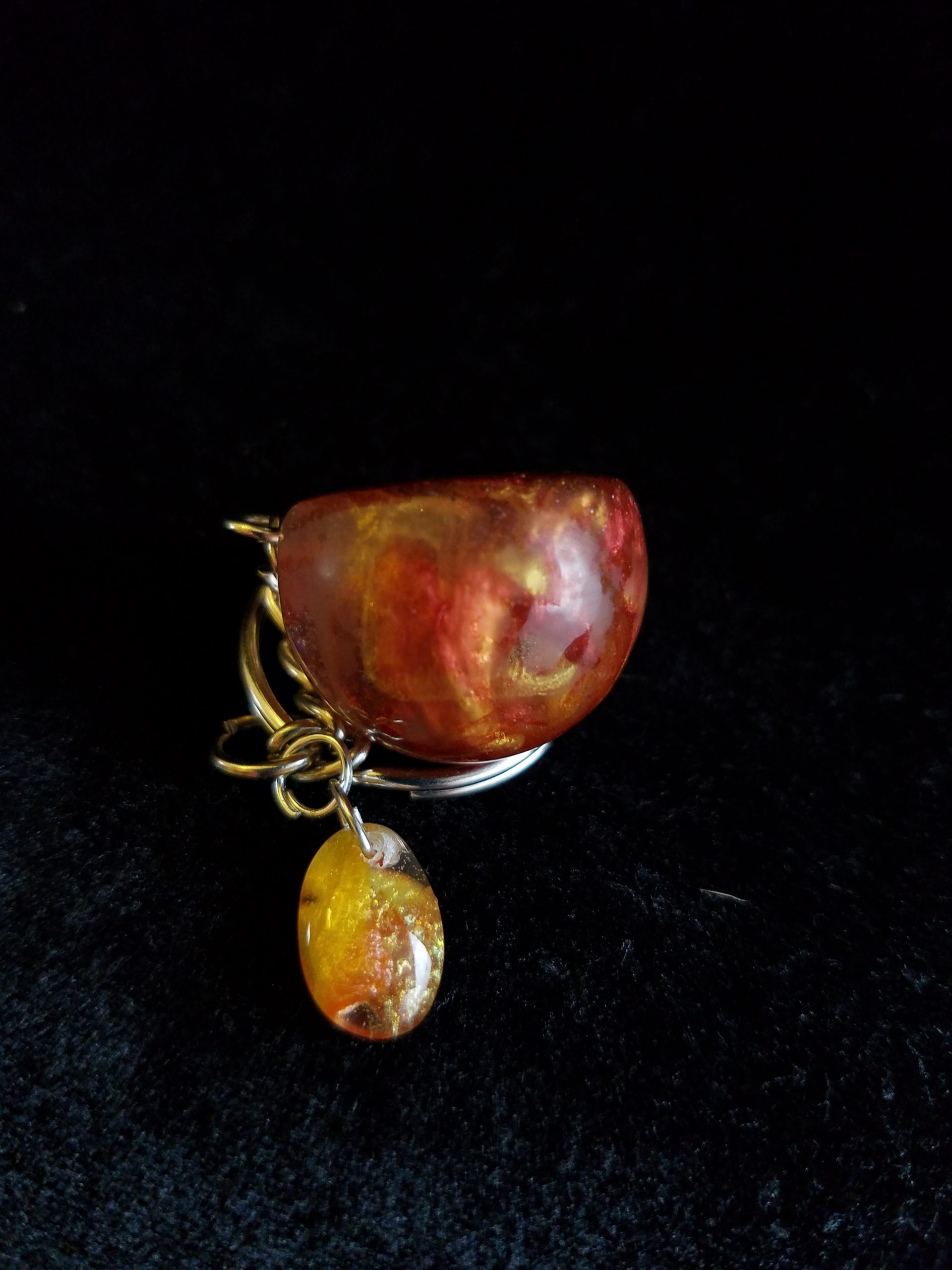 Abstract Metallic Red & Gold, Glittery Brown, Orange, Yellow & Clear Epoxy Partial Sphere Keychain