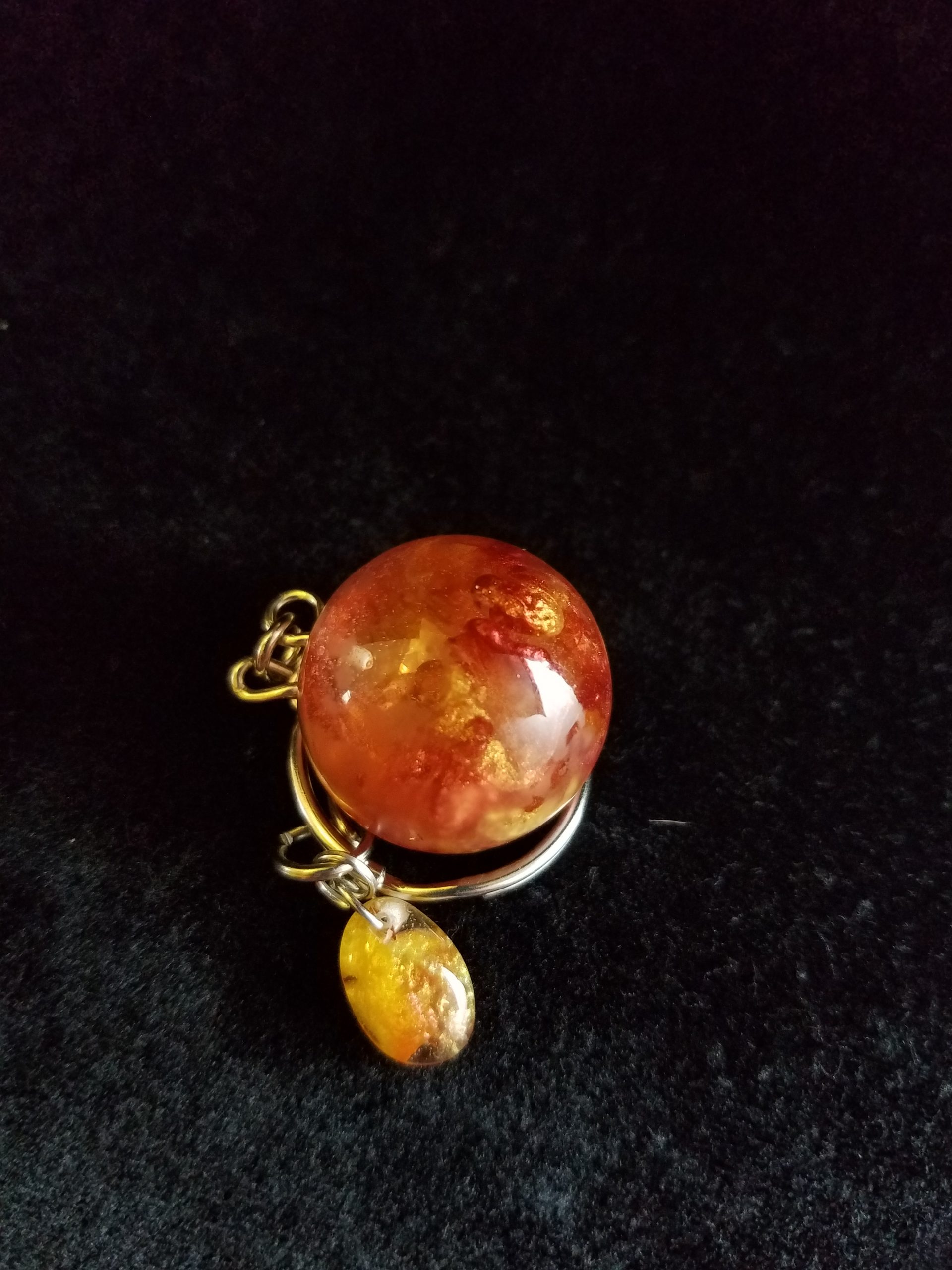 Abstract Metallic Red & Gold, Glittery Brown, Orange, Yellow & Clear Epoxy Partial Sphere Keychain