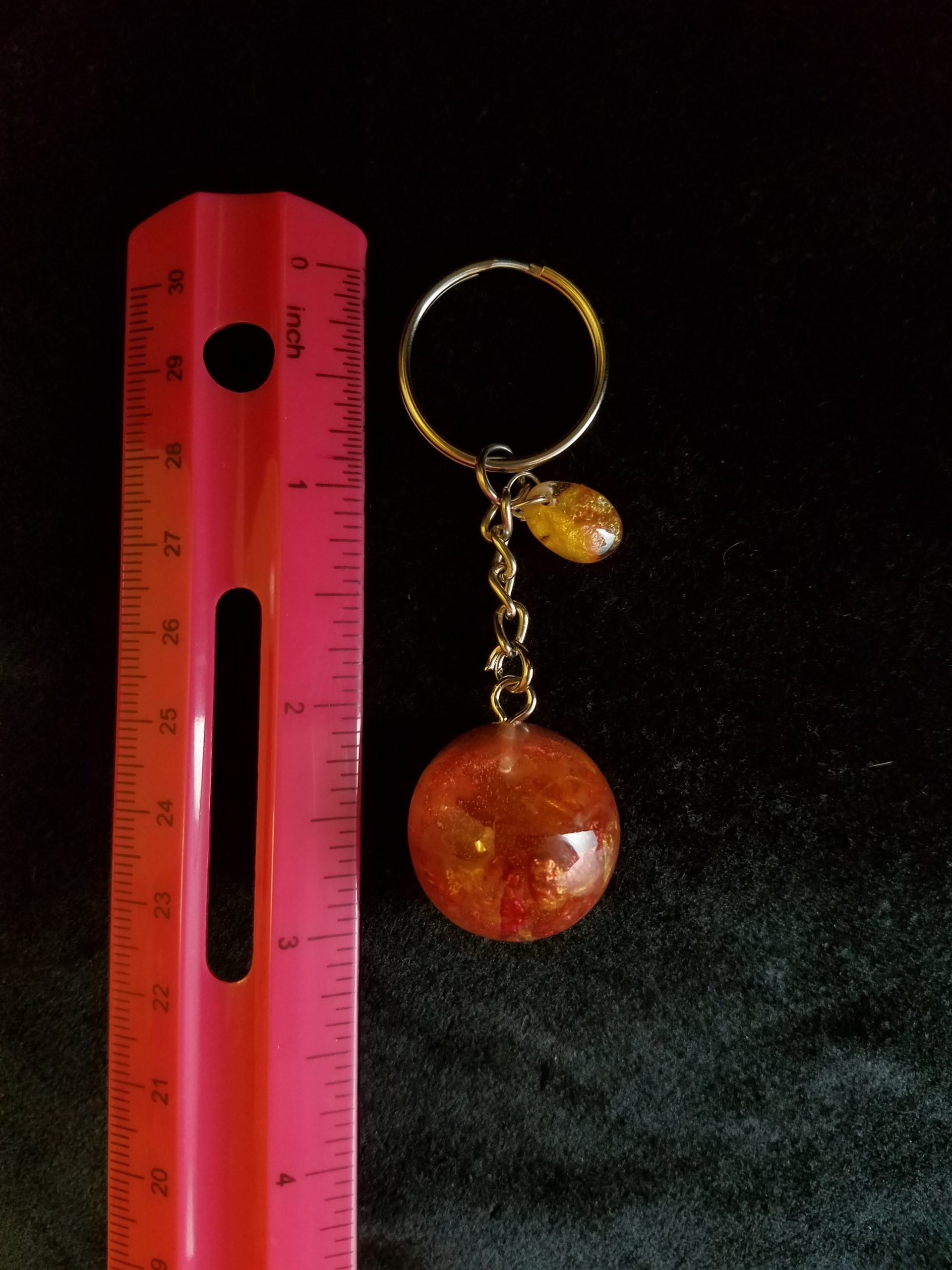Abstract Metallic Red & Gold, Glittery Brown, Orange, Yellow & Clear Epoxy Partial Sphere Keychain