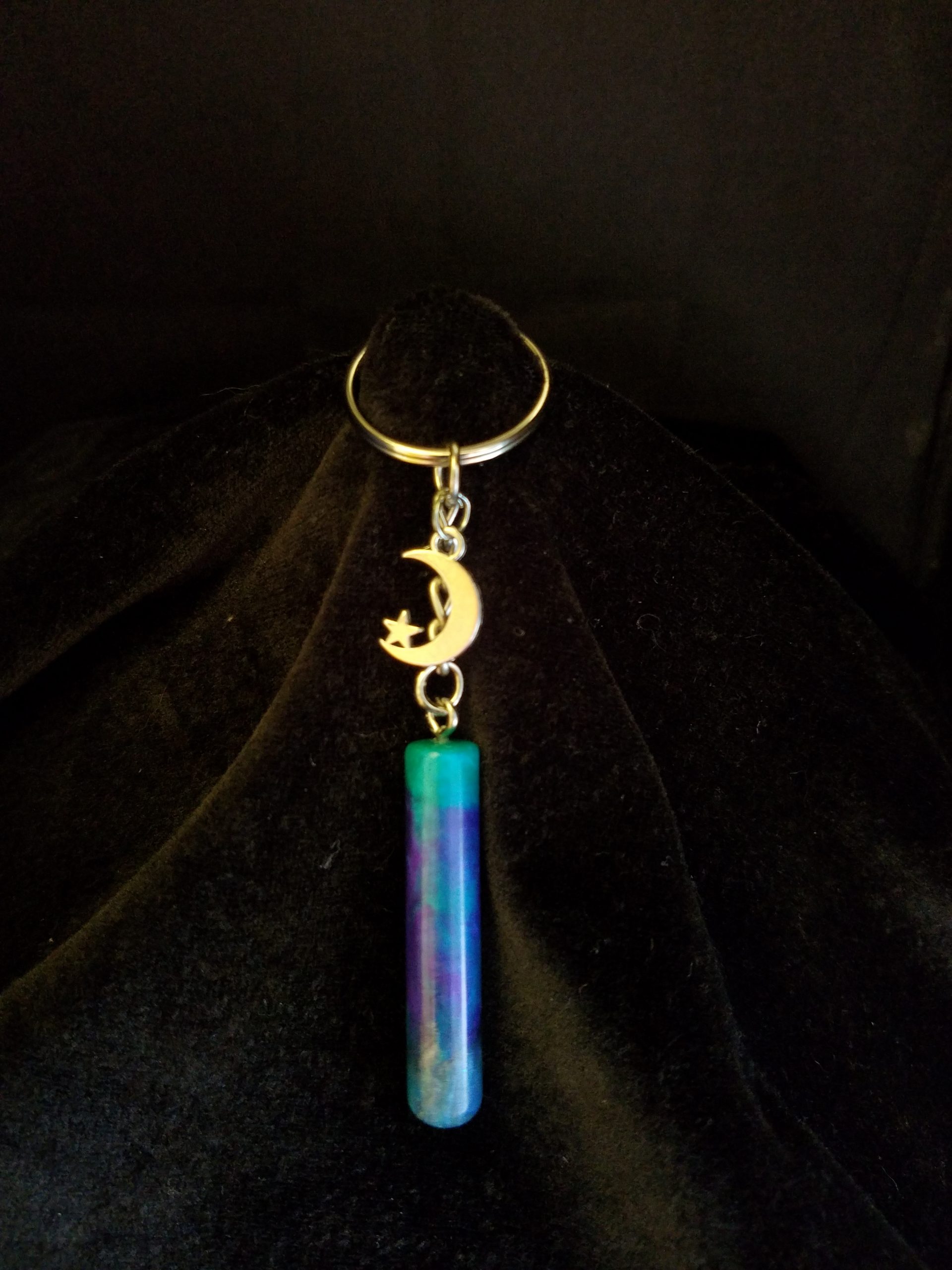 Teal, Purple, Black & Pearl Epoxy Cylinder Keychain with Silver Moon & Star Charm