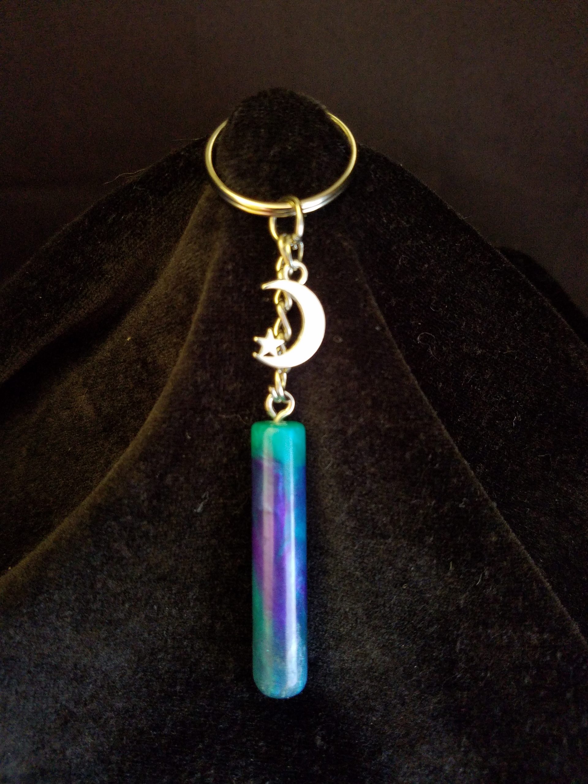 Teal, Purple, Black & Pearl Epoxy Cylinder Keychain with Silver Moon & Star Charm