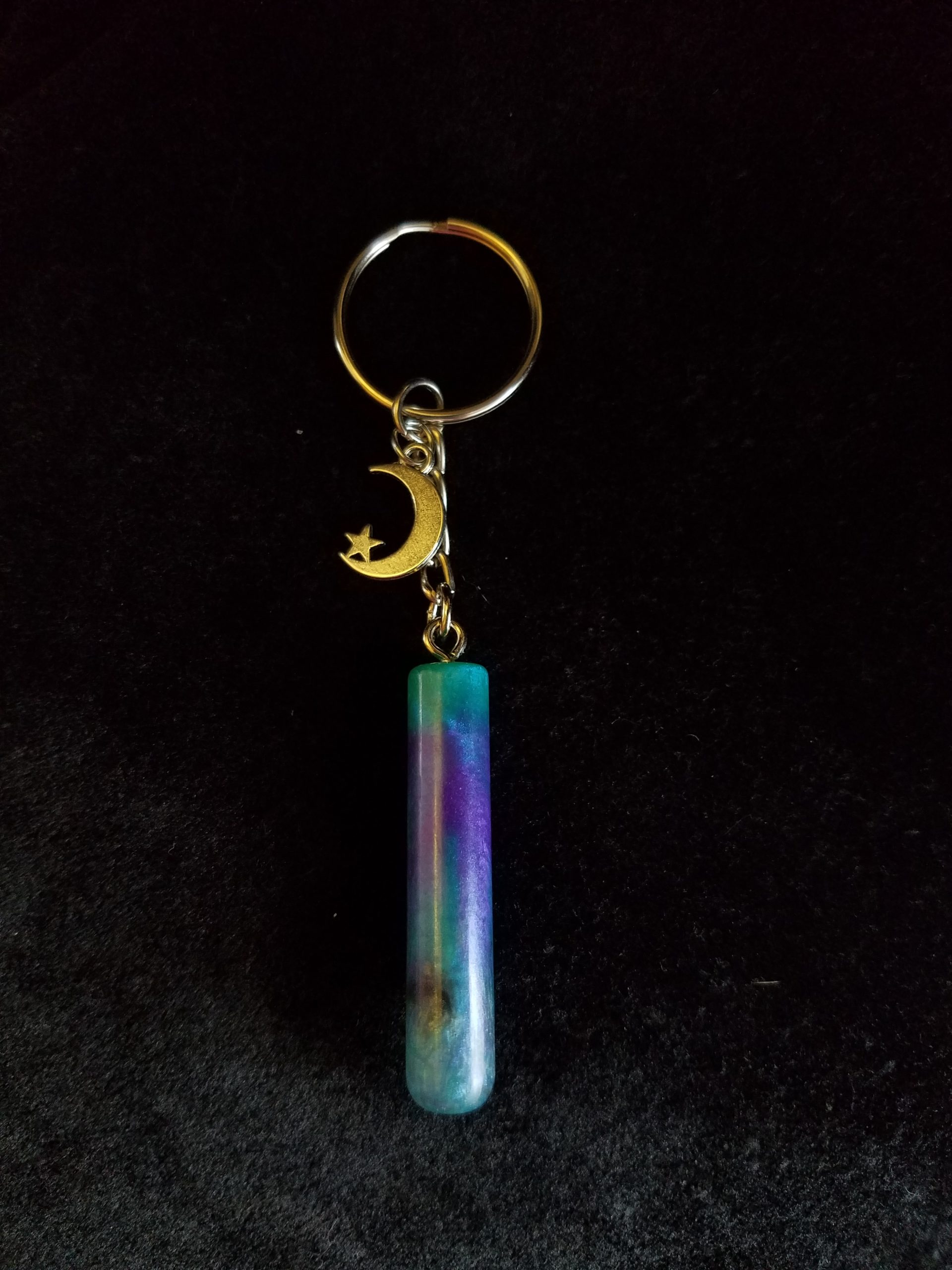 Teal, Purple, Black & Pearl Epoxy Cylinder Keychain with Silver Moon & Star Charm