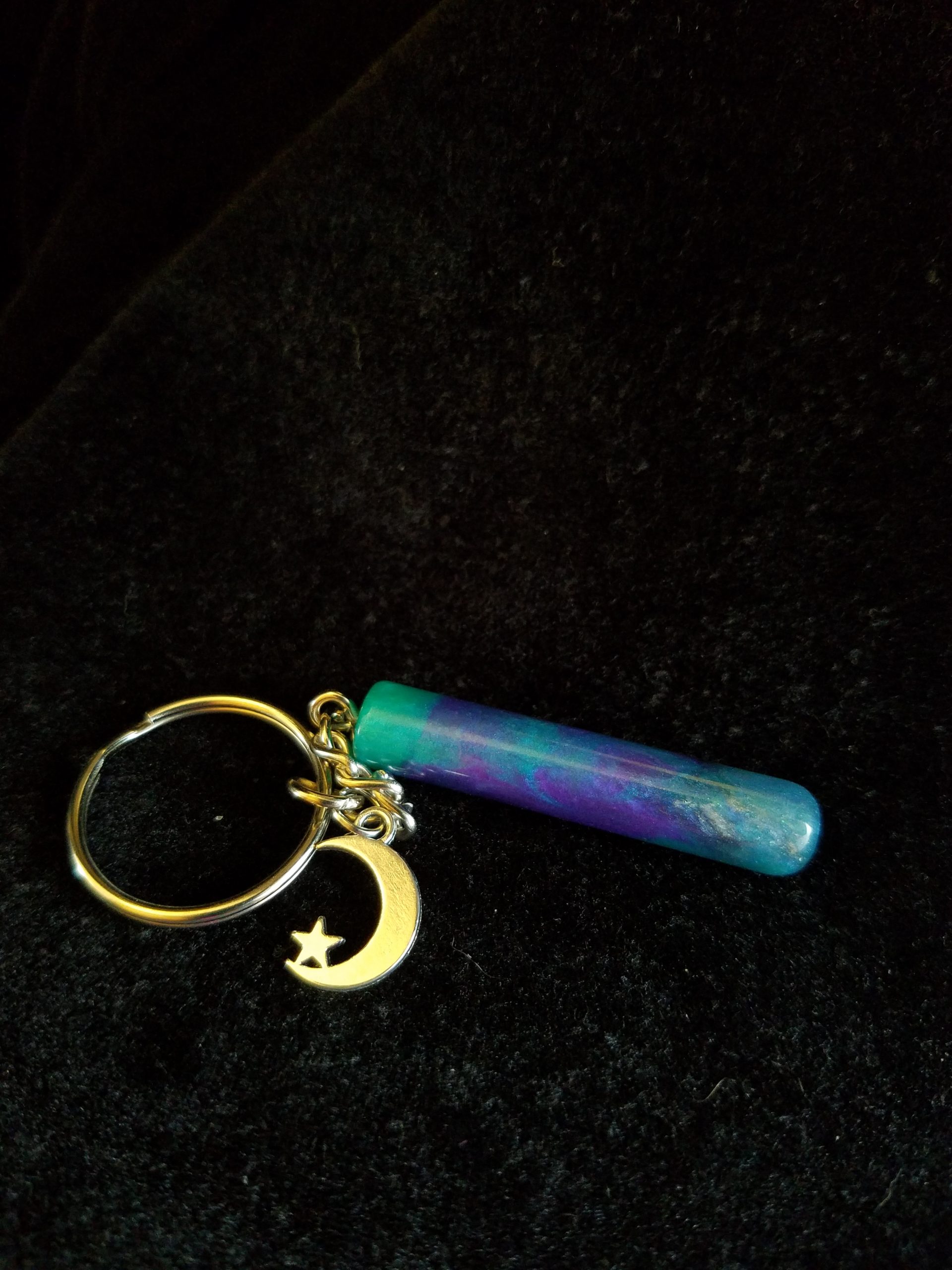 Teal, Purple, Black & Pearl Epoxy Cylinder Keychain with Silver Moon & Star Charm