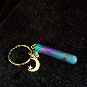 Teal, Purple, Black & Pearl Epoxy Cylinder Keychain with Silver Moon & Star Charm