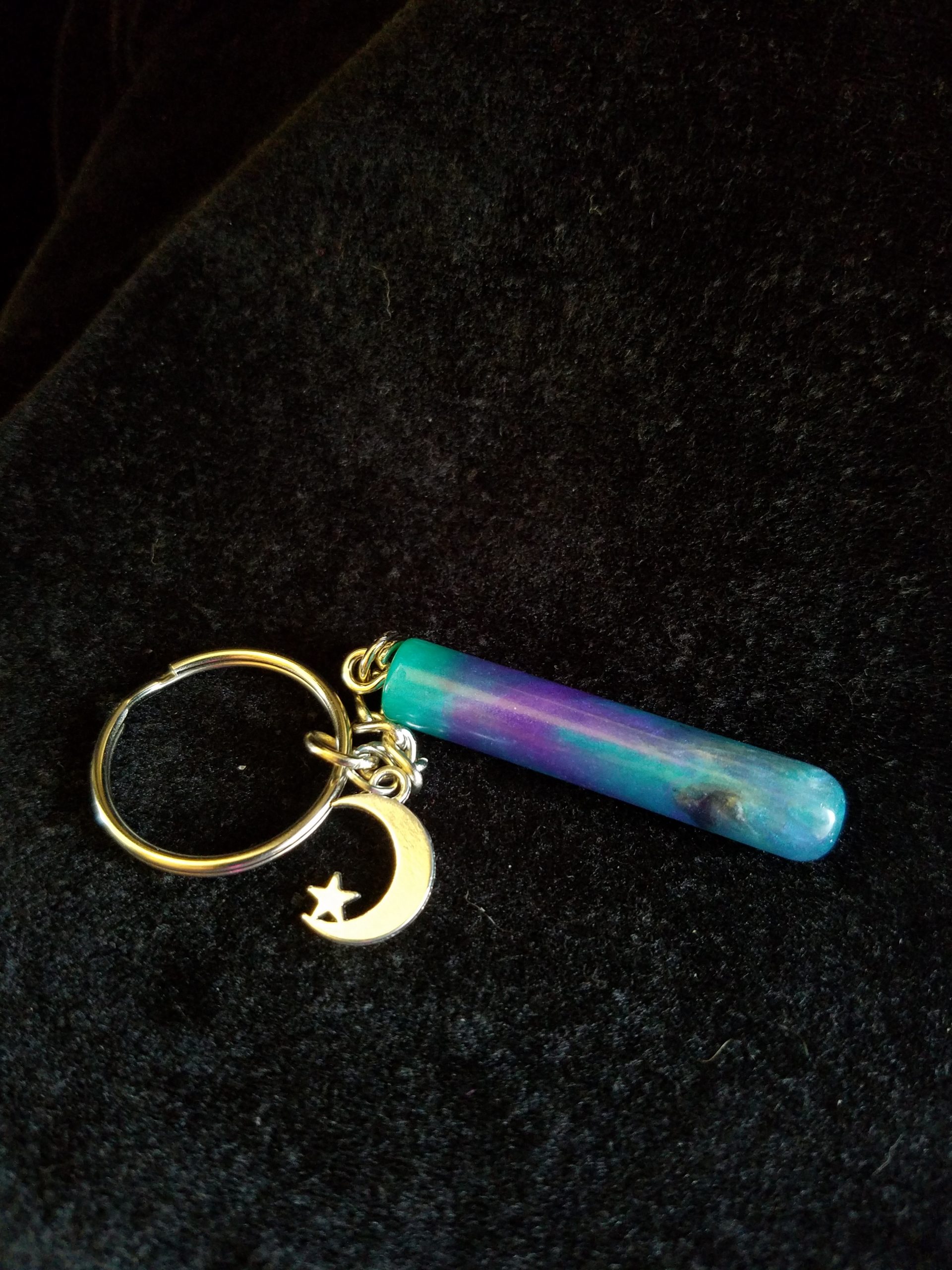 Teal, Purple, Black & Pearl Epoxy Cylinder Keychain with Silver Moon & Star Charm