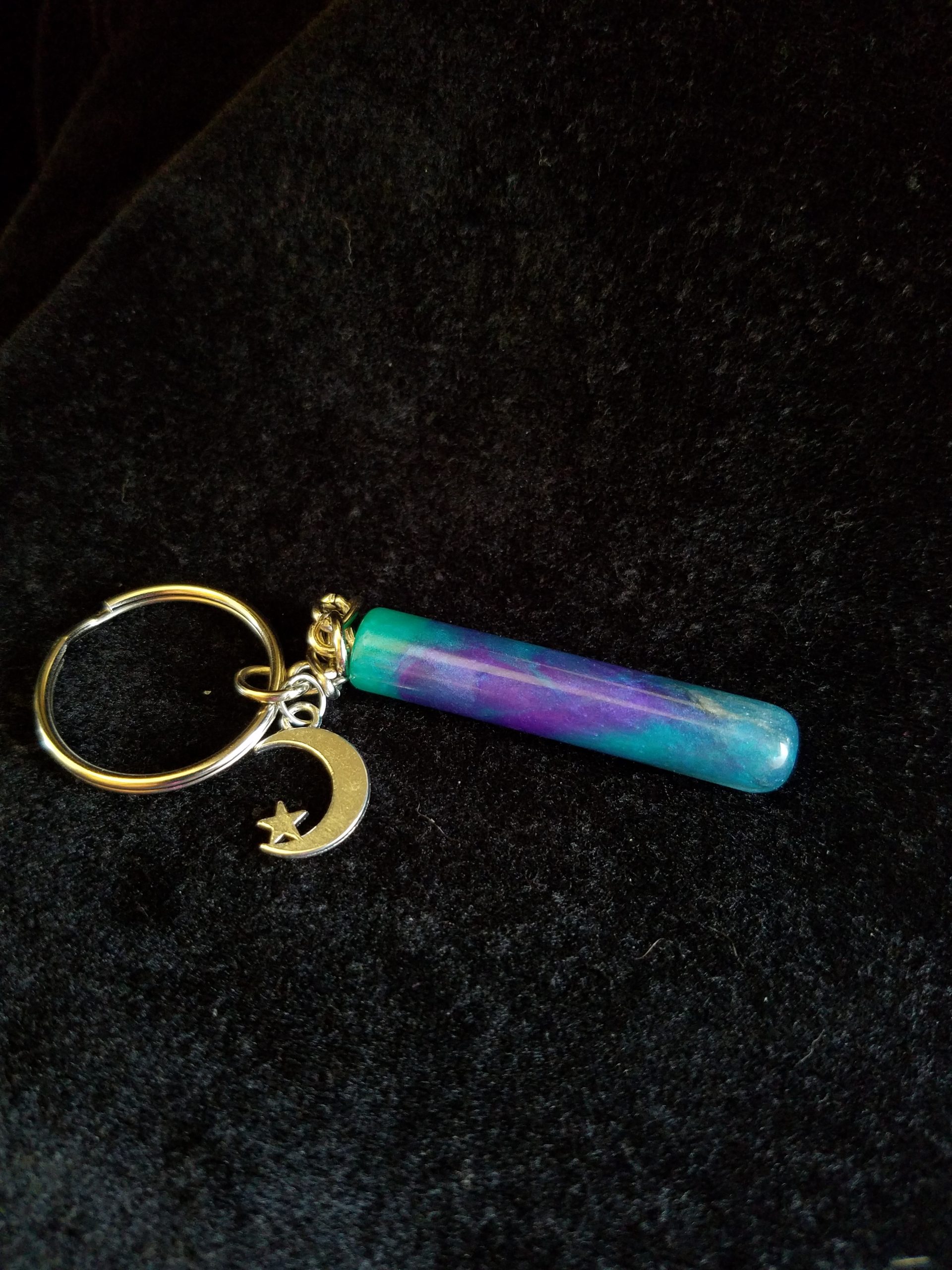 Teal, Purple, Black & Pearl Epoxy Cylinder Keychain with Silver Moon & Star Charm