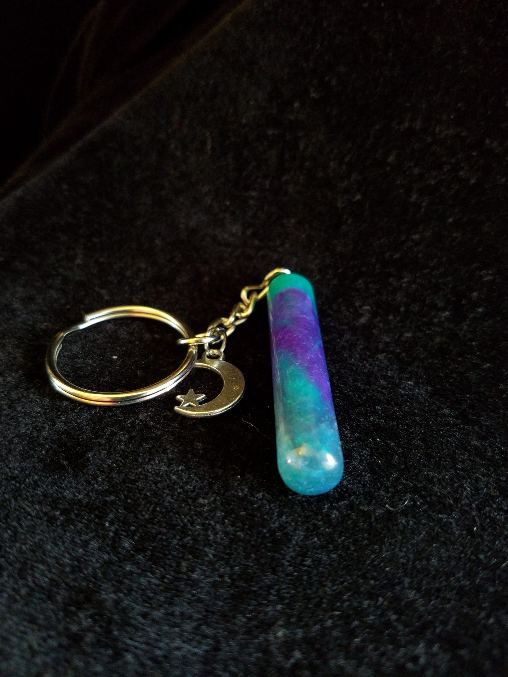 Teal, Purple, Black & Pearl Epoxy Cylinder Keychain with Silver Moon & Star Charm