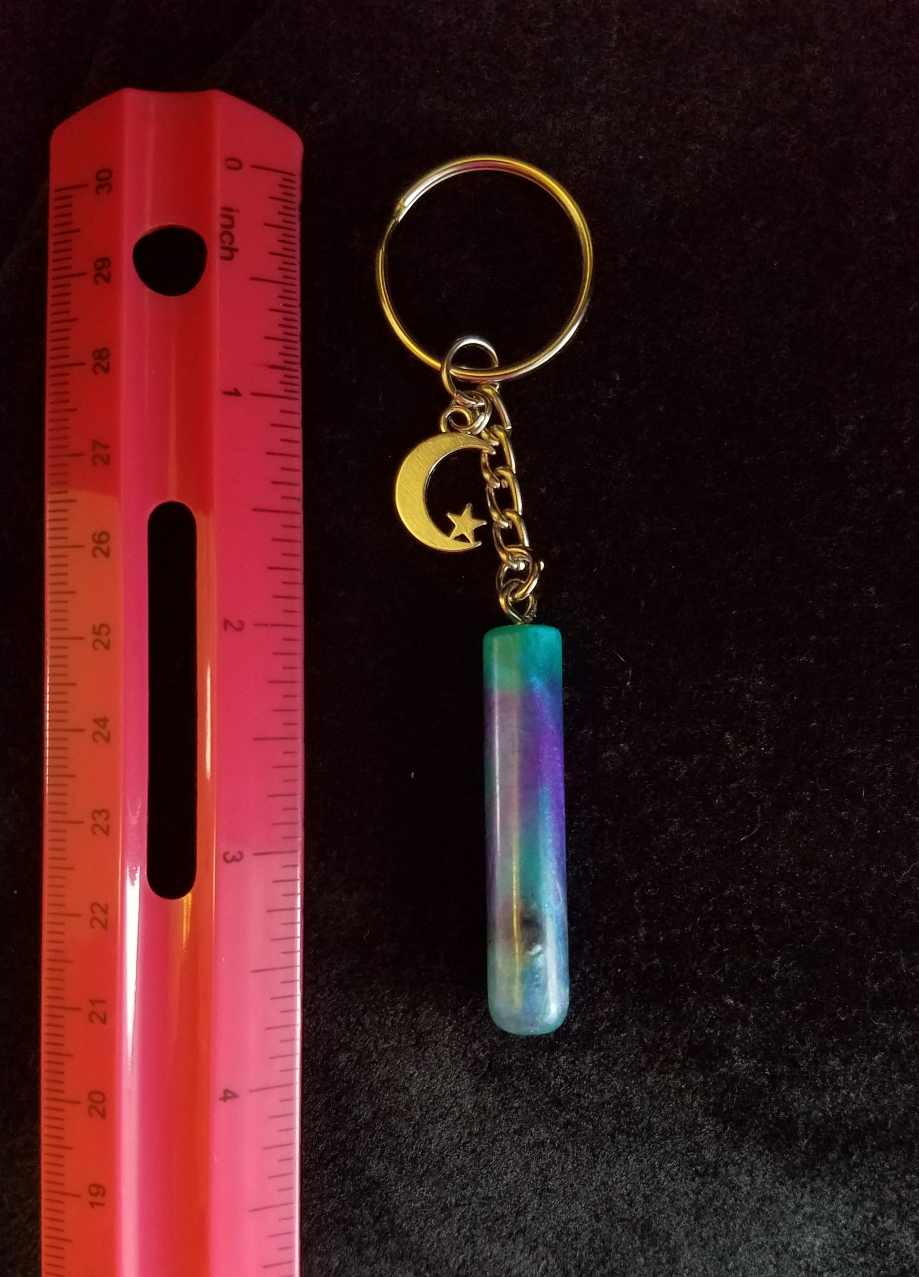 Teal, Purple, Black & Pearl Epoxy Cylinder Keychain with Silver Moon & Star Charm
