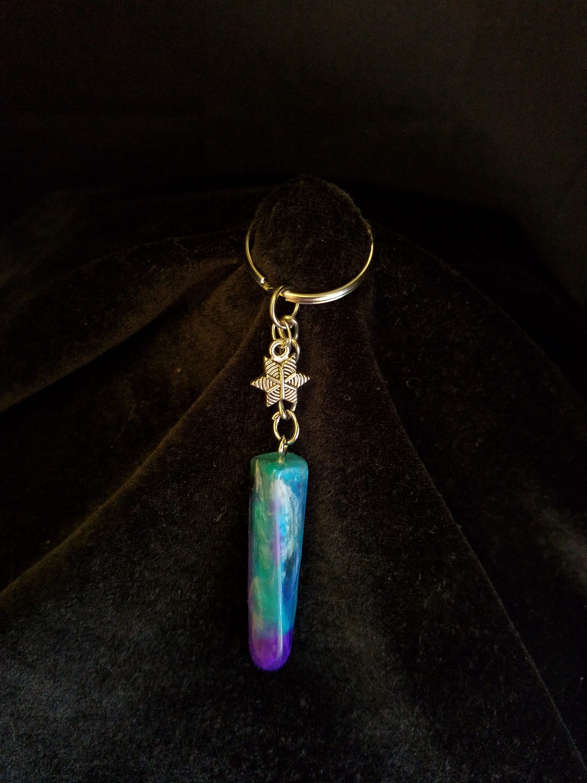 Teal, Purple, Black & Pearl Epoxy Rectangular Prism Keychain with Silver Star Charm