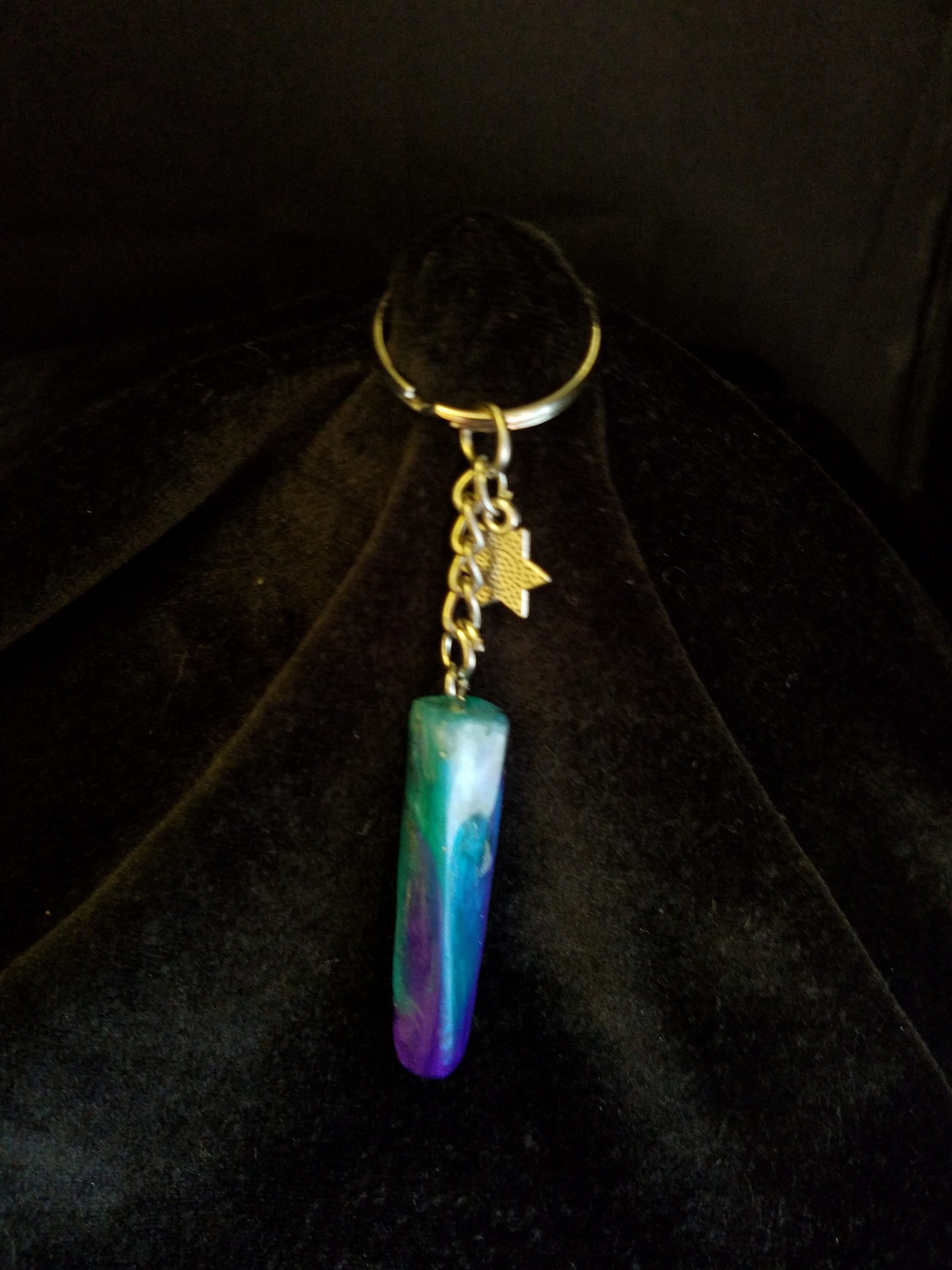 Teal, Purple, Black & Pearl Epoxy Rectangular Prism Keychain with Silver Star Charm