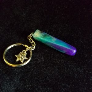 Teal, Purple, Black & Pearl Epoxy Rectangular Prism Keychain with Silver Star Charm