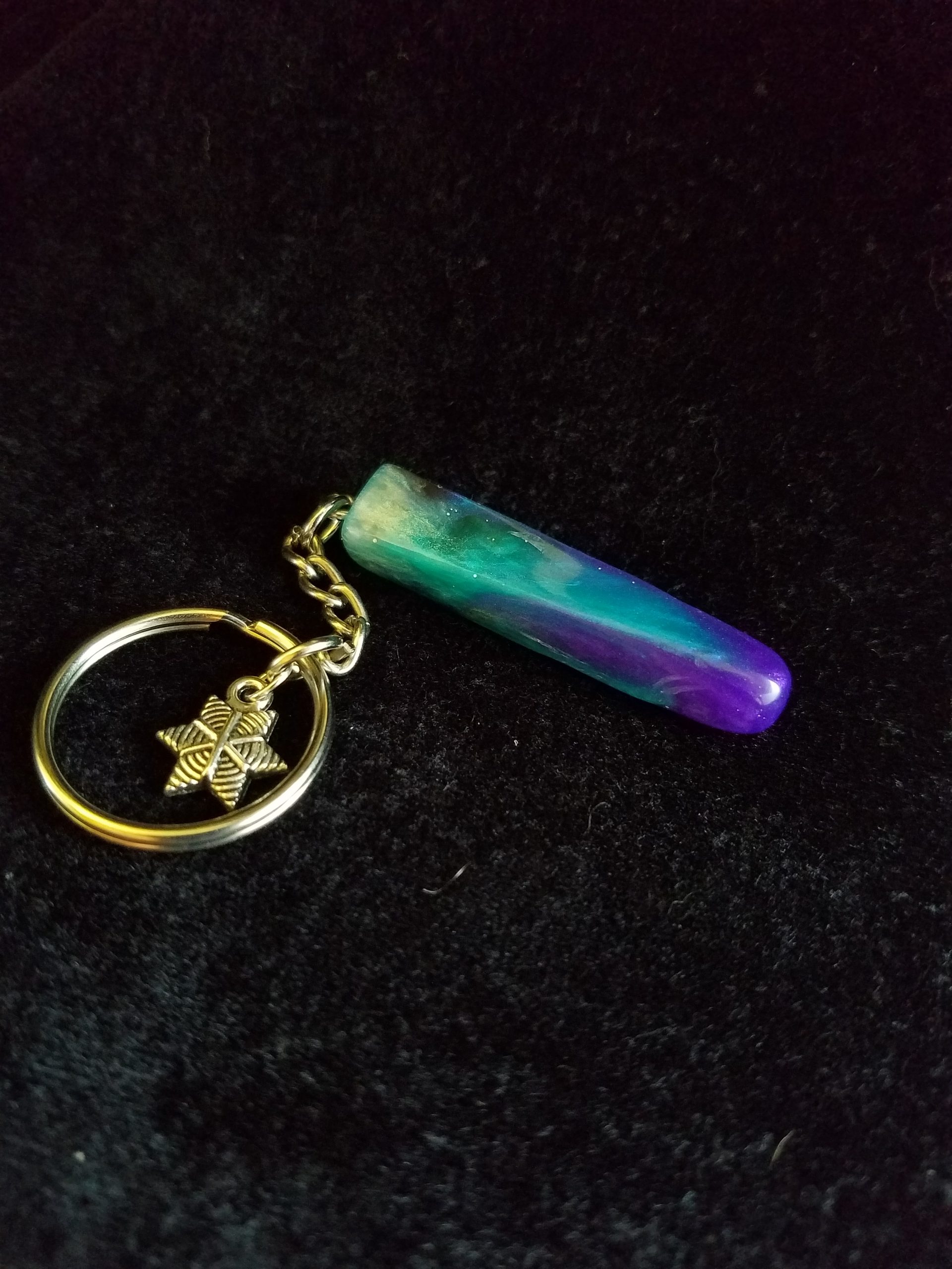 Teal, Purple, Black & Pearl Epoxy Rectangular Prism Keychain with Silver Star Charm