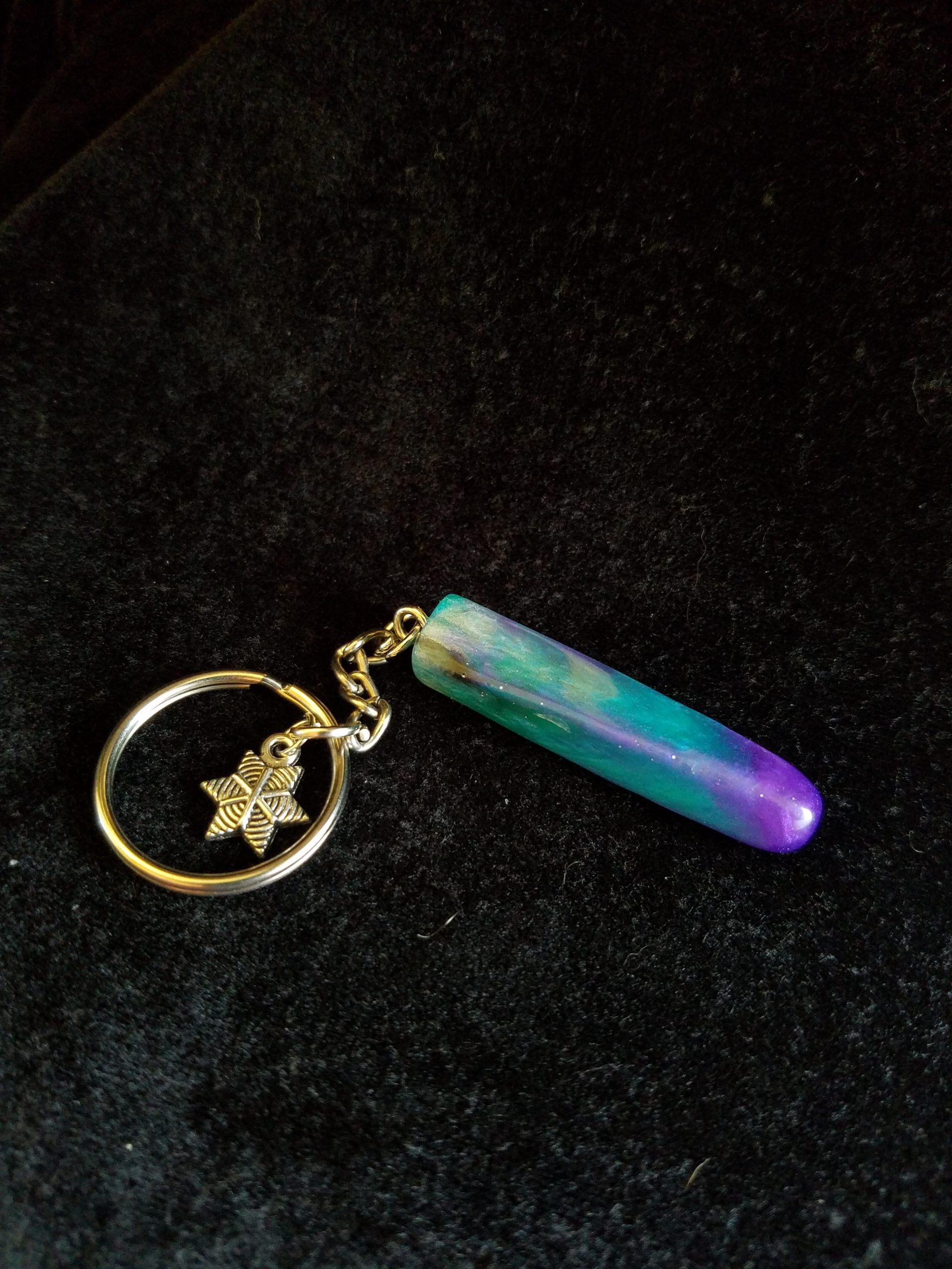 Teal, Purple, Black & Pearl Epoxy Rectangular Prism Keychain with Silver Star Charm