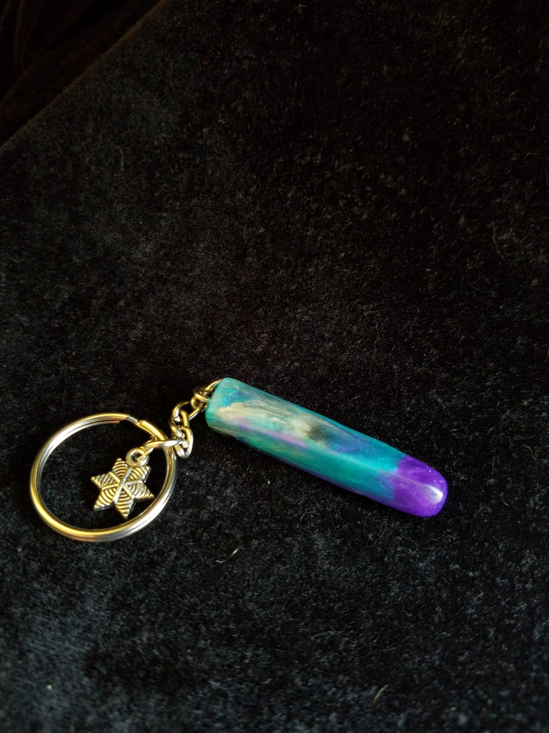 Teal, Purple, Black & Pearl Epoxy Rectangular Prism Keychain with Silver Star Charm