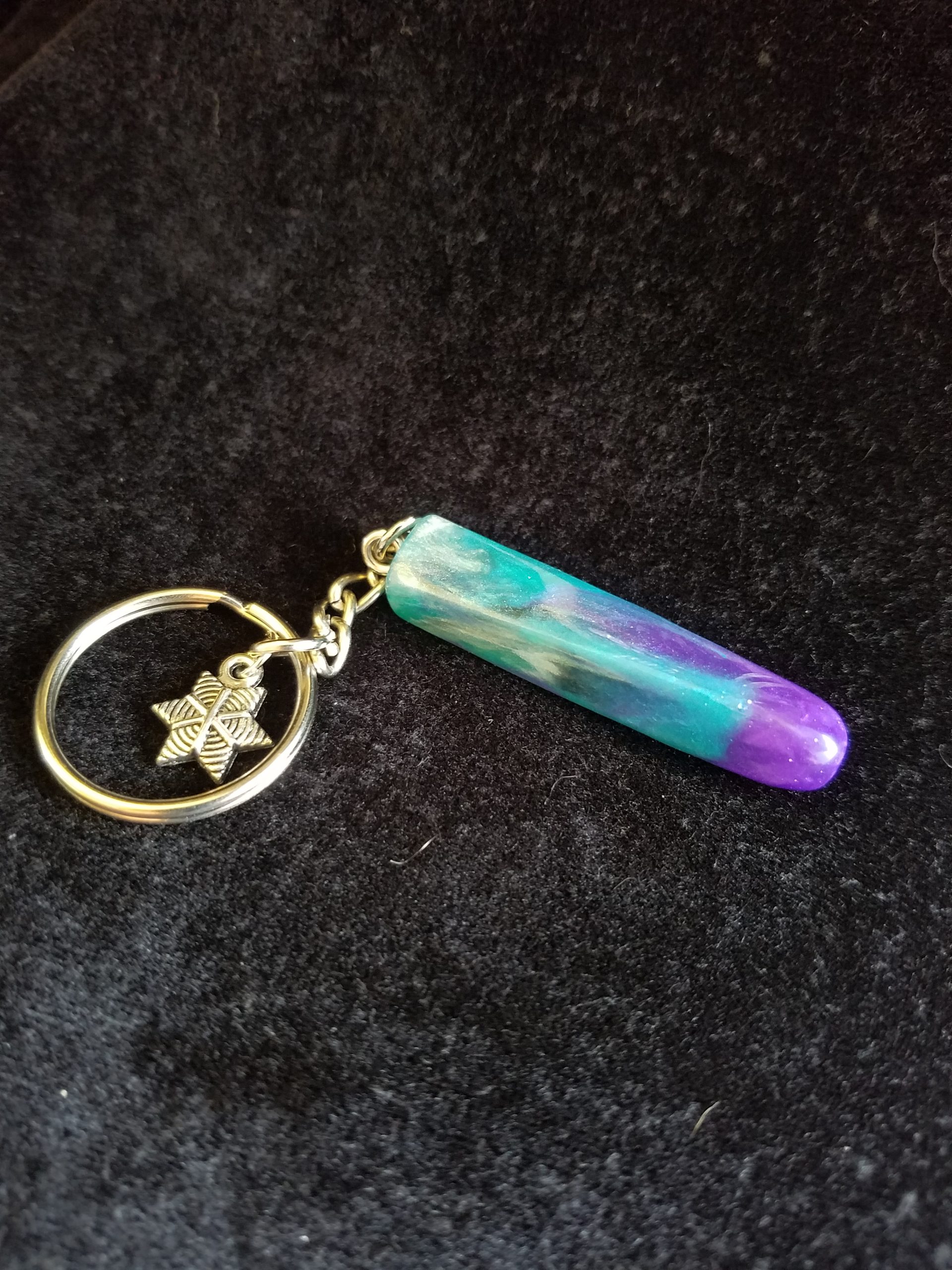 Teal, Purple, Black & Pearl Epoxy Rectangular Prism Keychain with Silver Star Charm