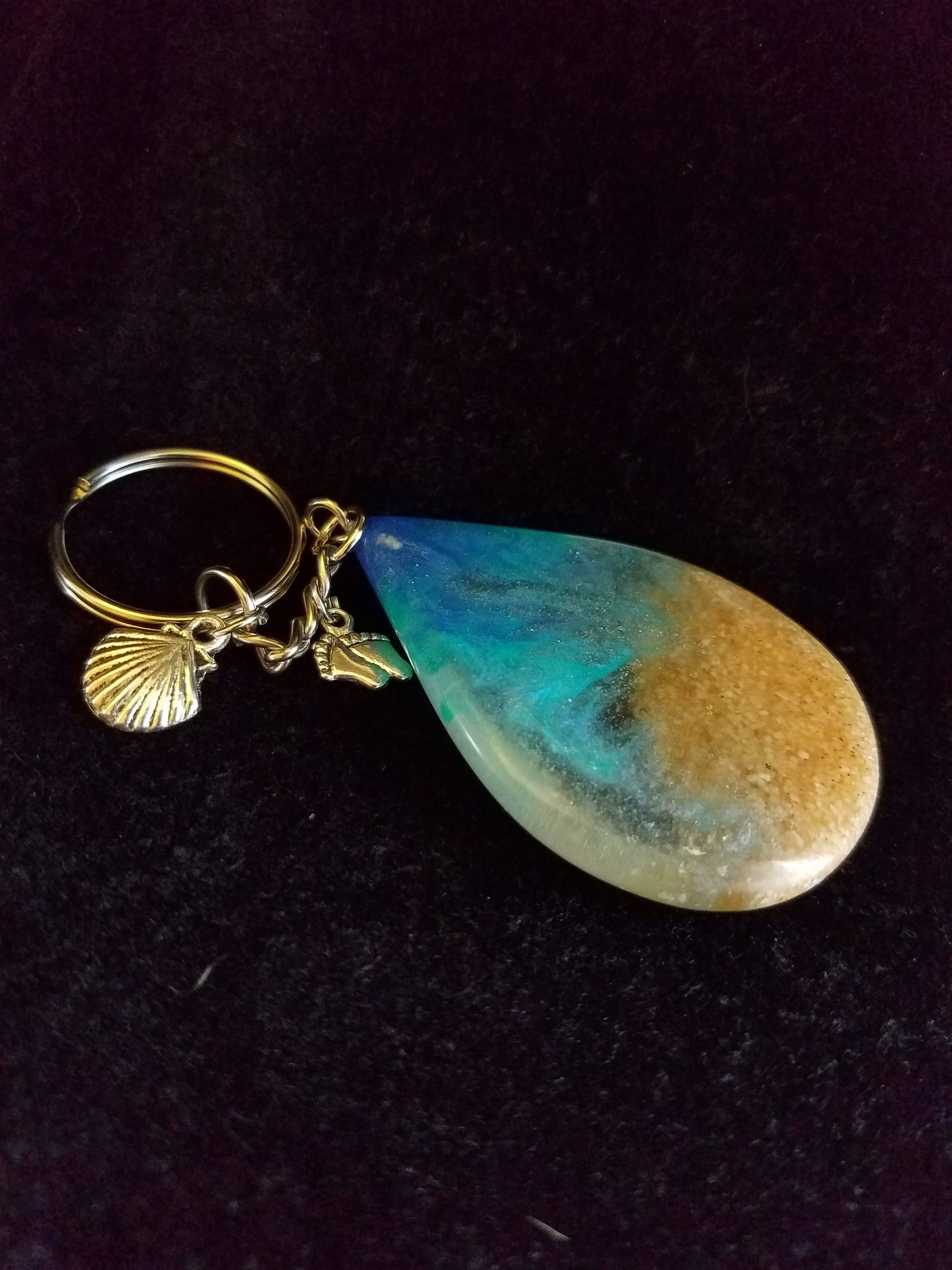 Beach Theme Teardrop Pendant Keychain Filled with Brown Glitter Sand, Triple Blue & Clear Epoxy with Silver Seashell & Feet Charms