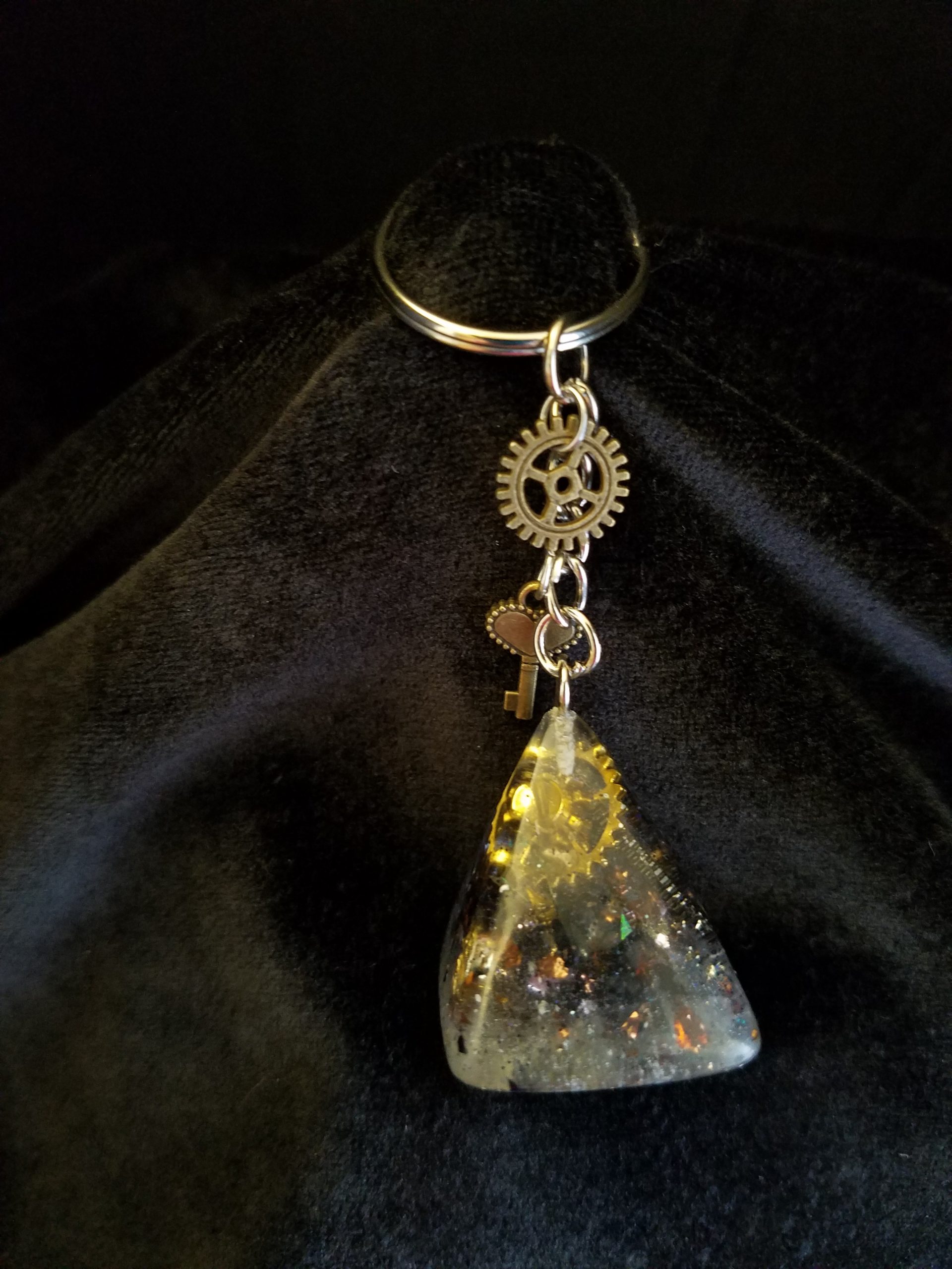 Abstract Steampunk Keys & Gears Mixed Metal Pyramid Keychain