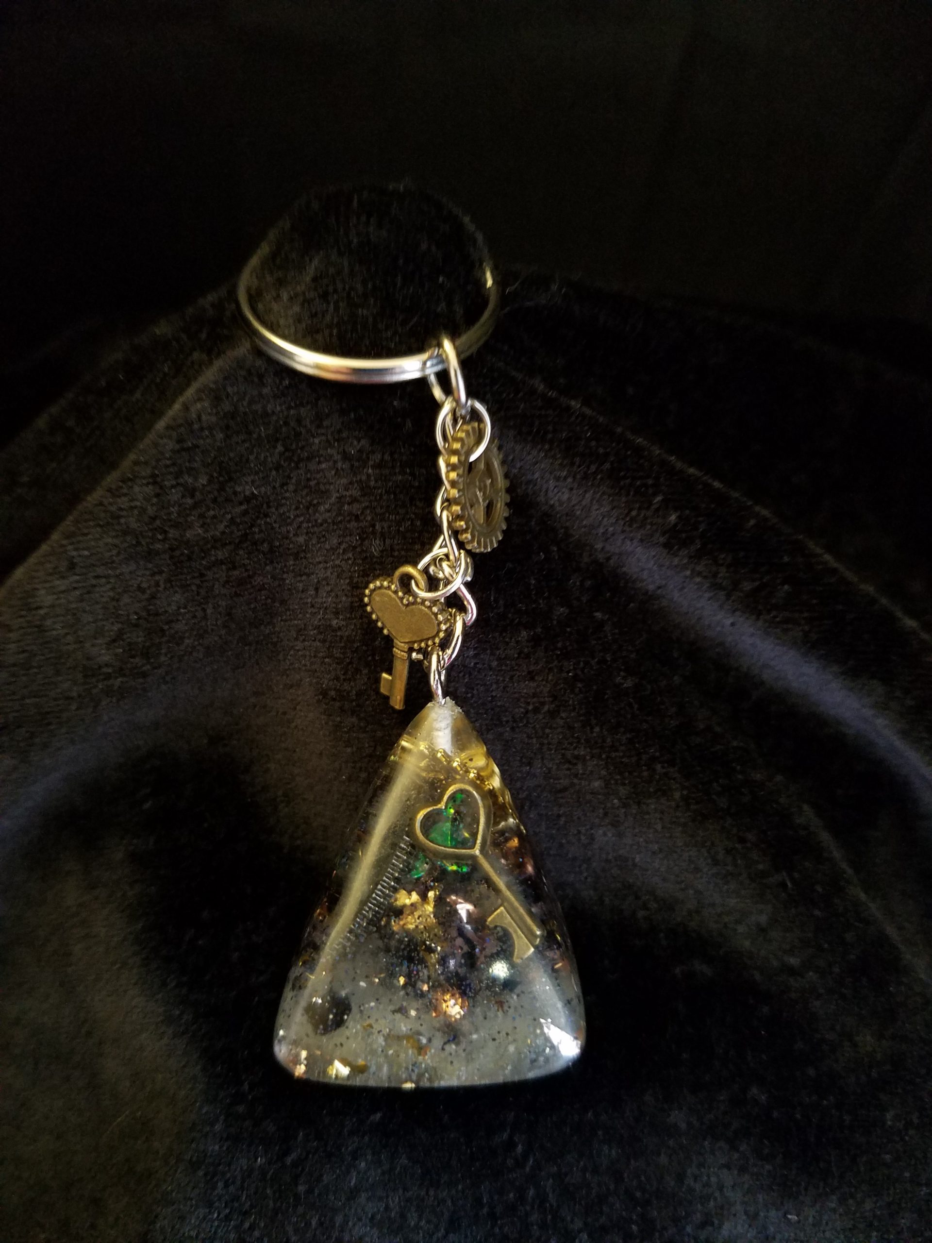 Abstract Steampunk Keys & Gears Mixed Metal Pyramid Keychain