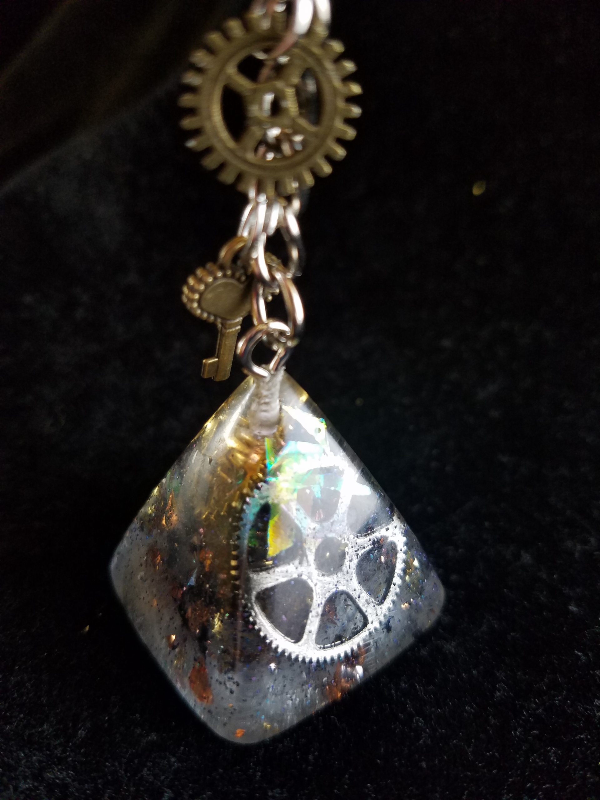 Abstract Steampunk Keys & Gears Mixed Metal Pyramid Keychain