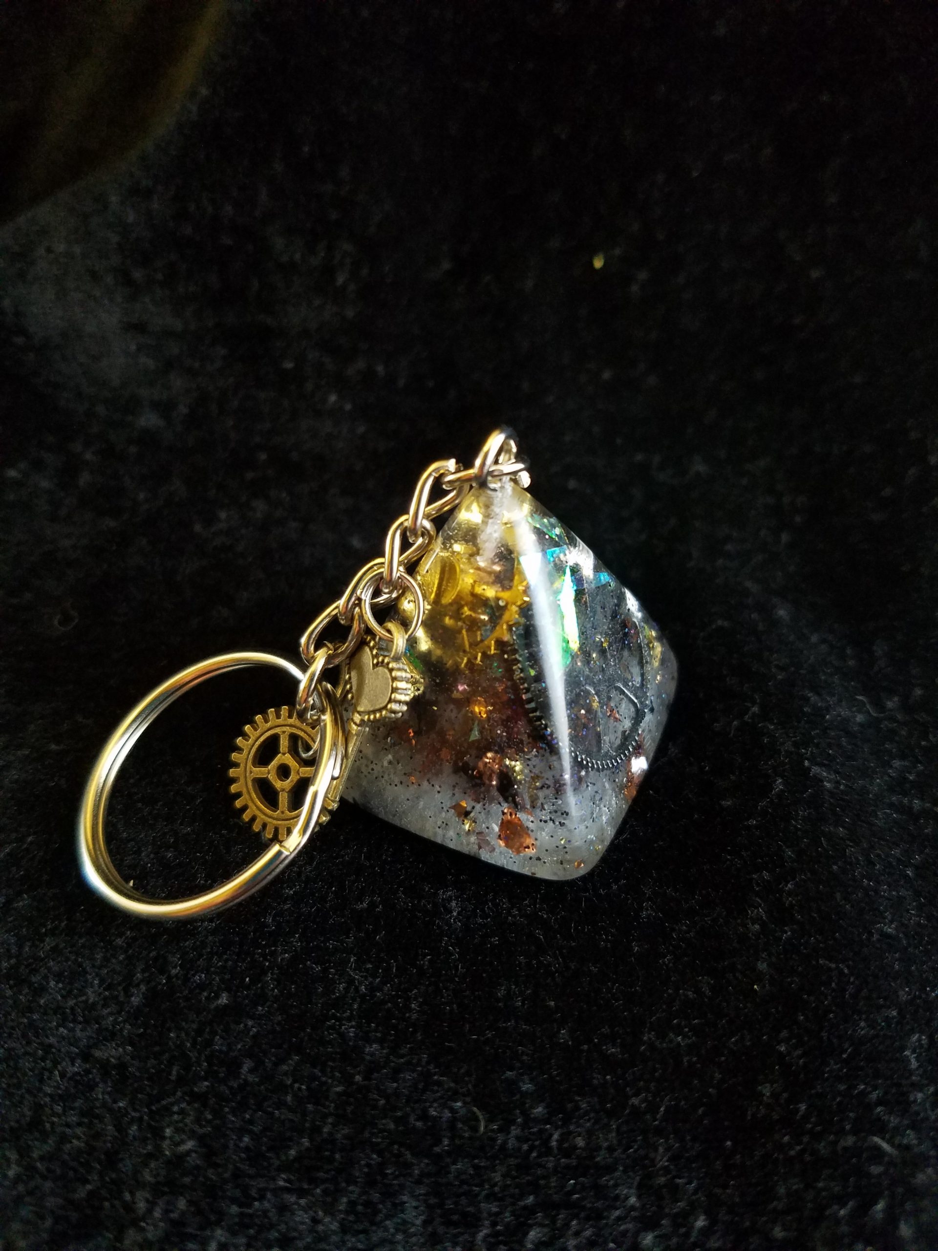 Abstract Steampunk Keys & Gears Mixed Metal Pyramid Keychain