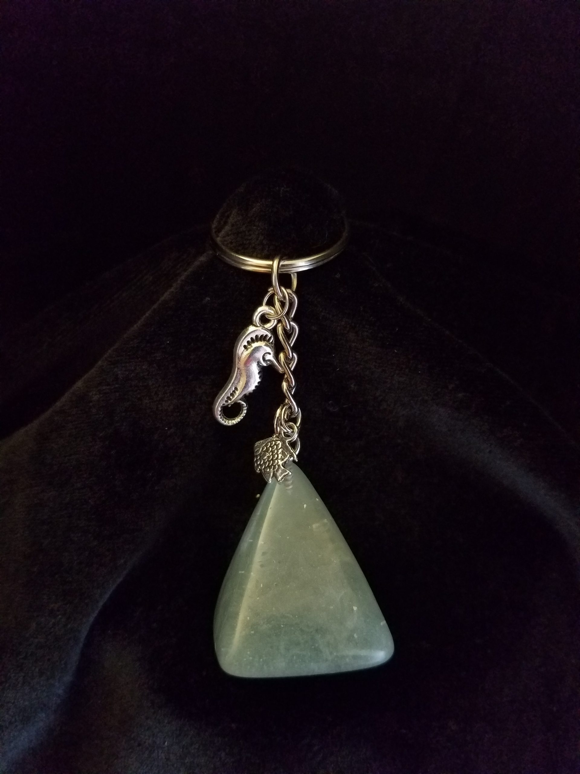 Abstract Stormy Blue Green Ocean Themed Epoxy Pyramid Keychain with Fish & Seahorse