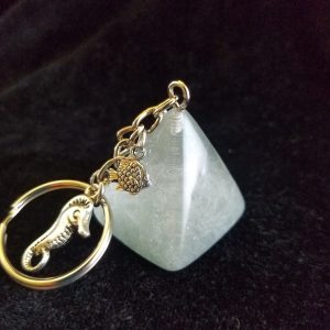 Abstract Stormy Blue Green Ocean Themed Epoxy Pyramid Keychain with Fish & Seahorse