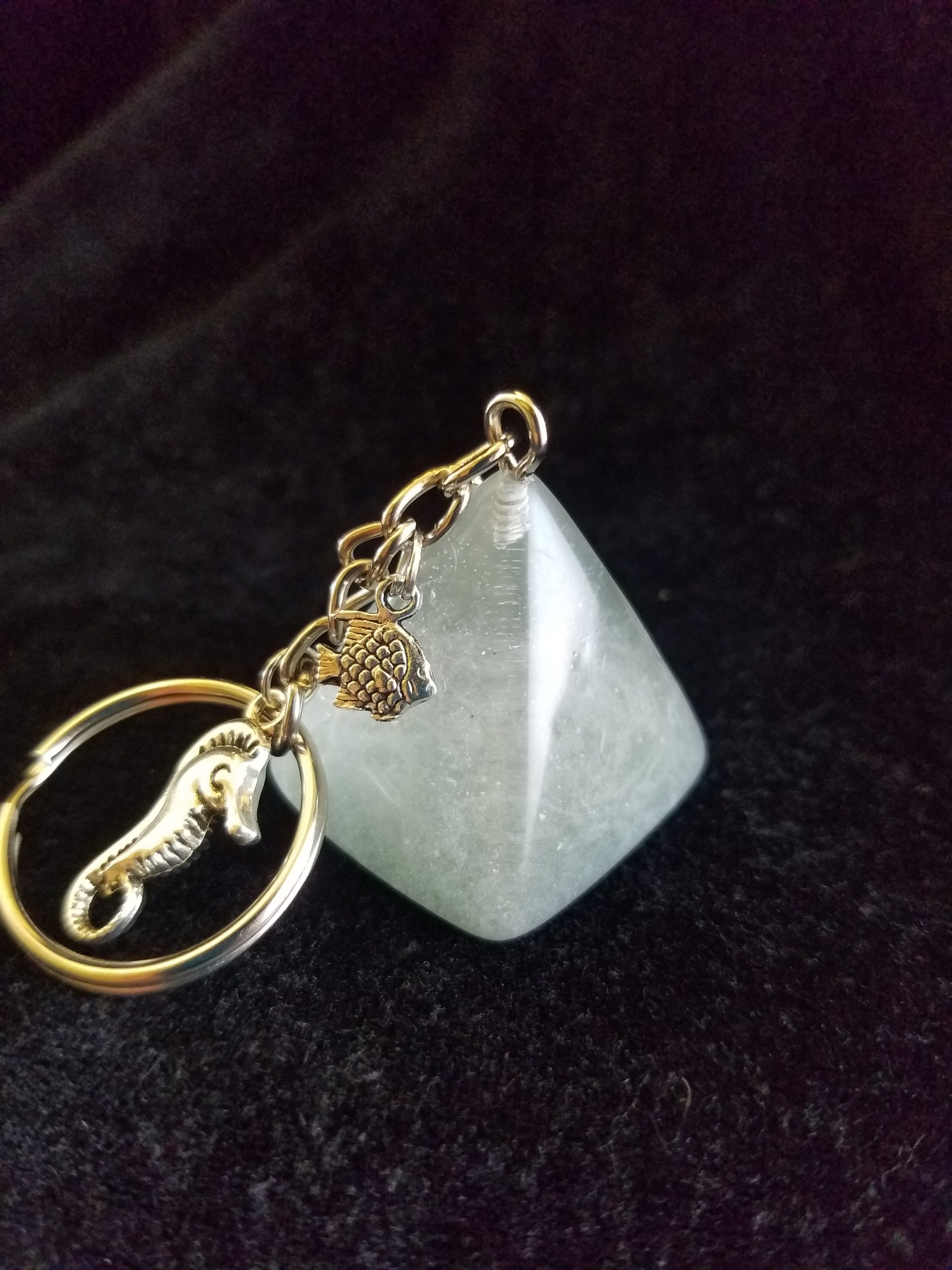 Abstract Stormy Blue Green Ocean Themed Epoxy Pyramid Keychain with Fish & Seahorse