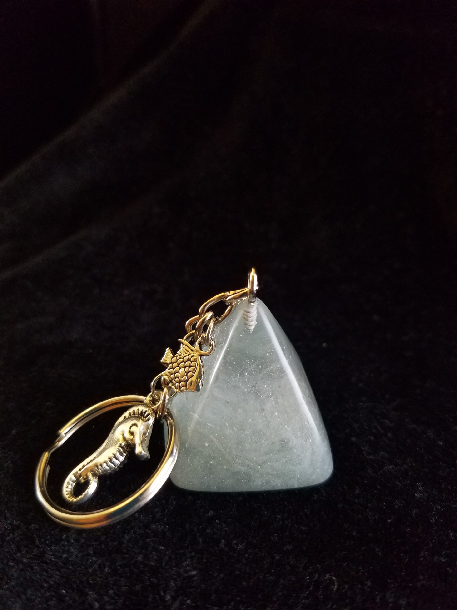 Abstract Stormy Blue Green Ocean Themed Epoxy Pyramid Keychain with Fish & Seahorse