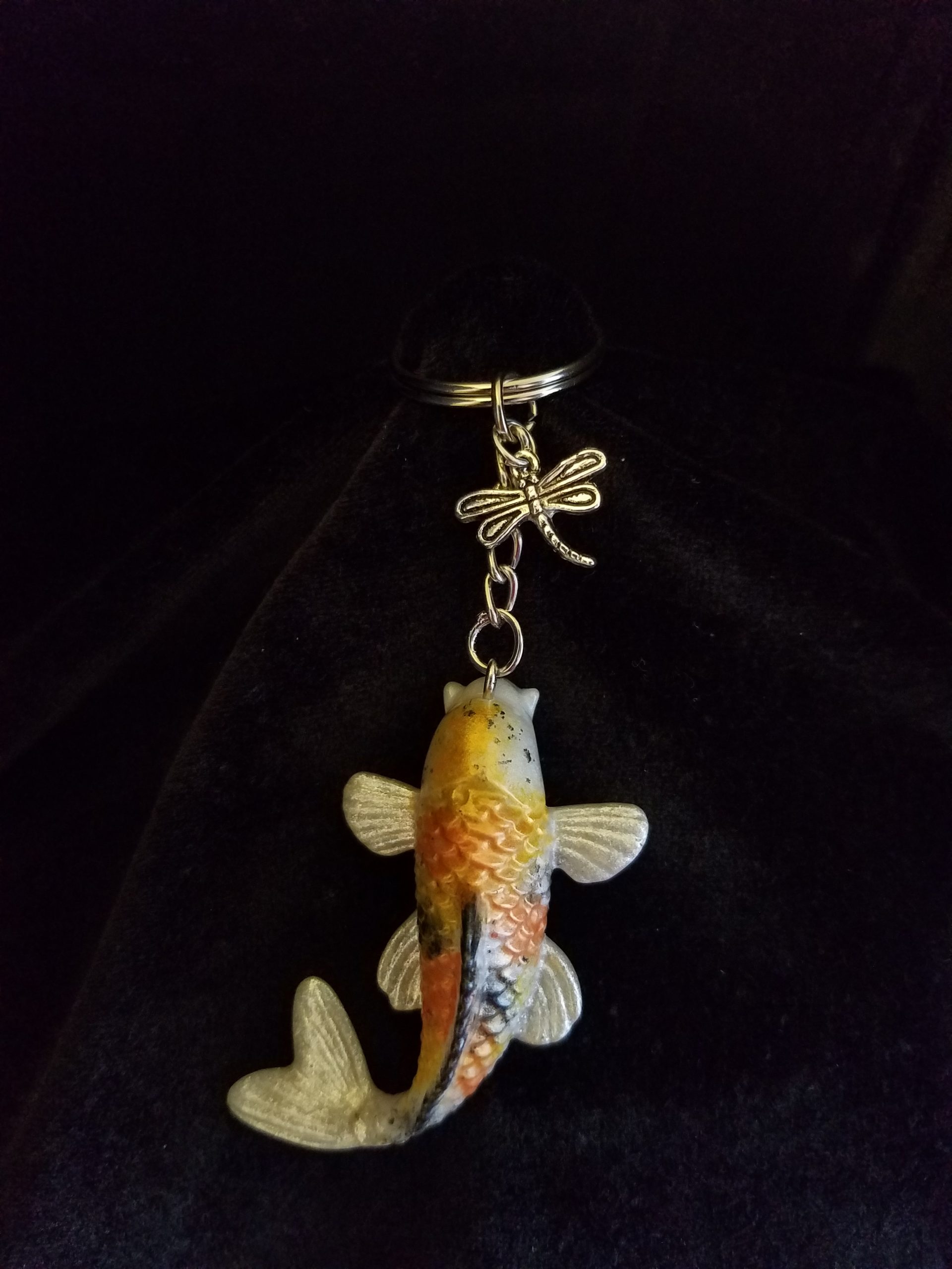 Yellow, Orange, Black & Pearl Shimmer Epoxy Koi Fish with Dragonfly Keychain