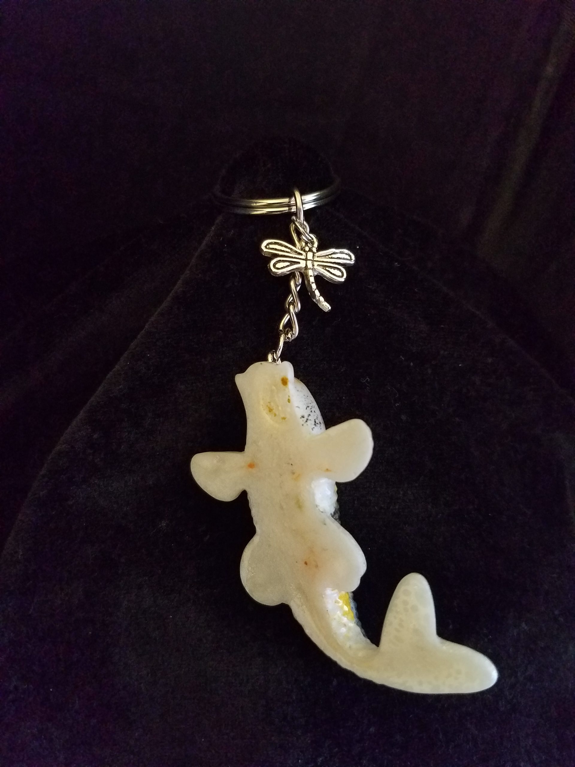 Yellow, Orange, Black & Pearl Shimmer Epoxy Koi Fish with Dragonfly Keychain