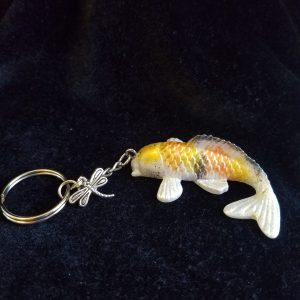 Yellow, Orange, Black & Pearl Shimmer Epoxy Koi Fish with Dragonfly Keychain