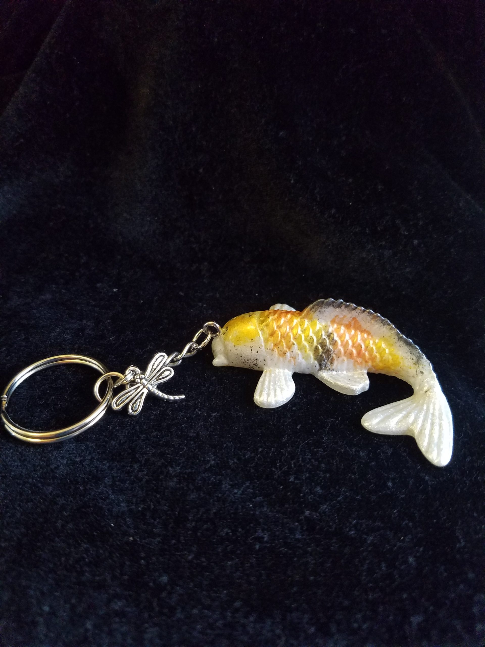 Yellow, Orange, Black & Pearl Shimmer Epoxy Koi Fish with Dragonfly Keychain